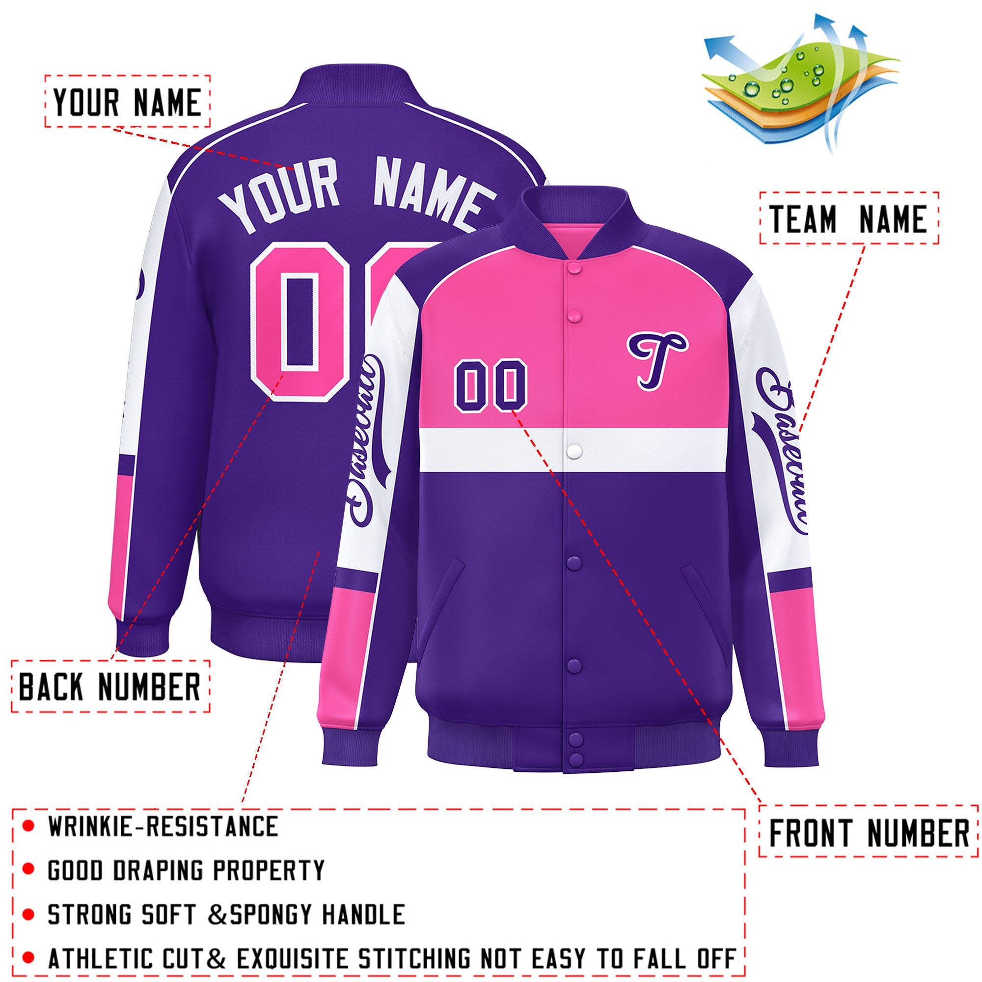 Custom Pink Purple Varsity Full-Snap Raglan Sleeves Letterman Jacket