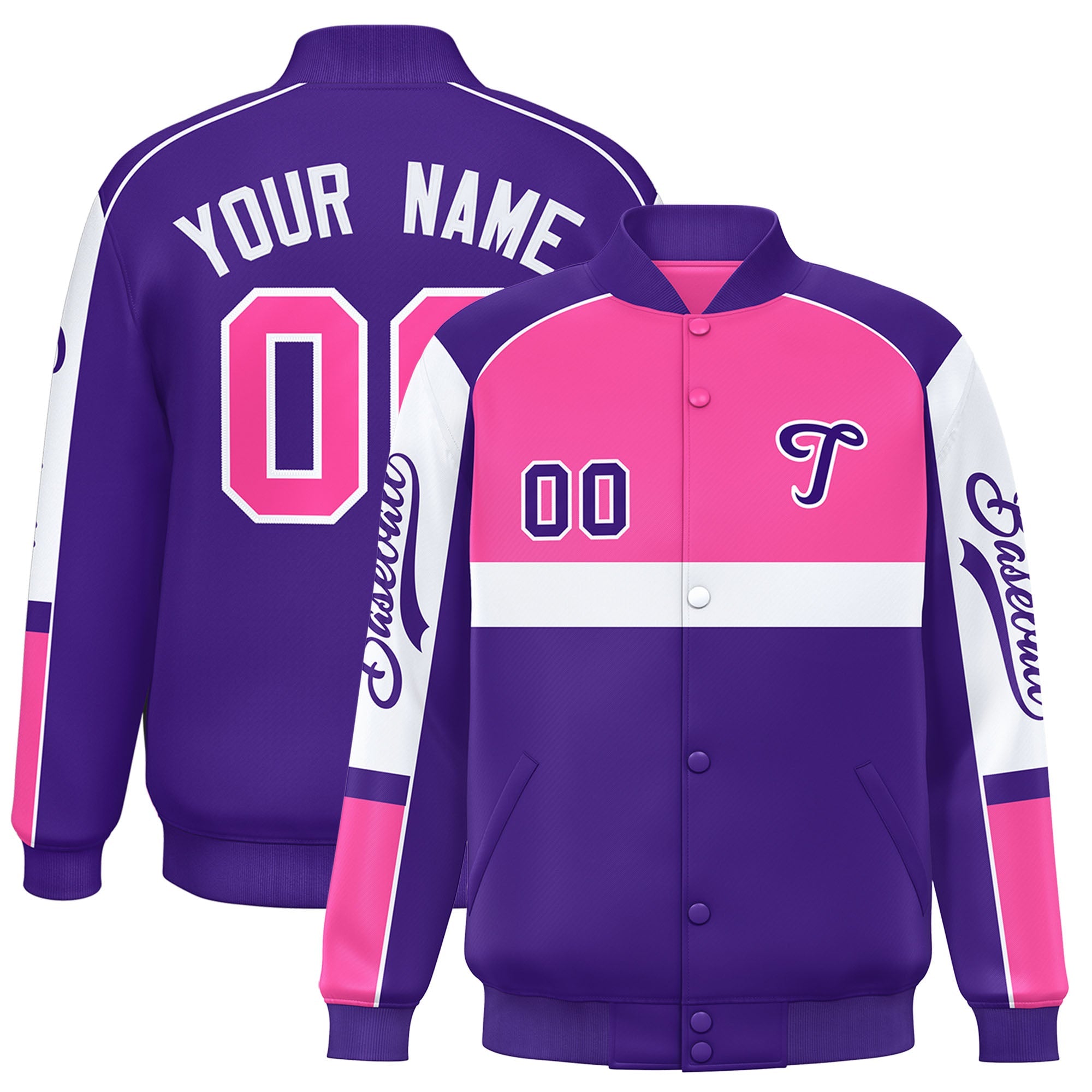 Custom Pink Purple Varsity Full-Snap Raglan Sleeves Letterman Jacket