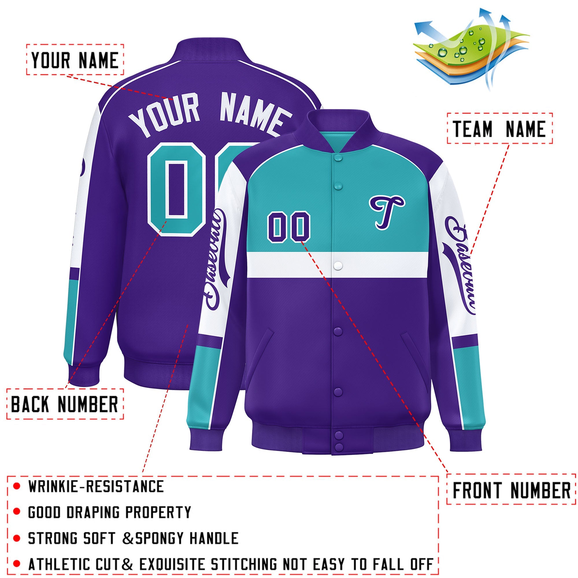 Custom Aqua Purple Varsity Full-Snap Raglan Sleeves Letterman Jacket