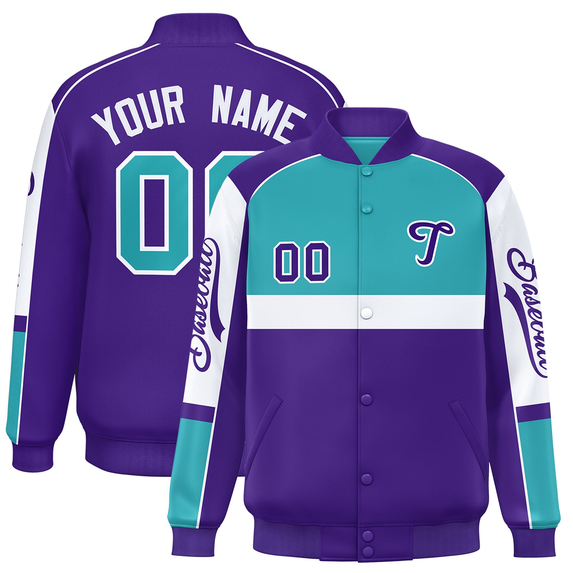 Custom Aqua Purple Varsity Full-Snap Raglan Sleeves Letterman Jacket