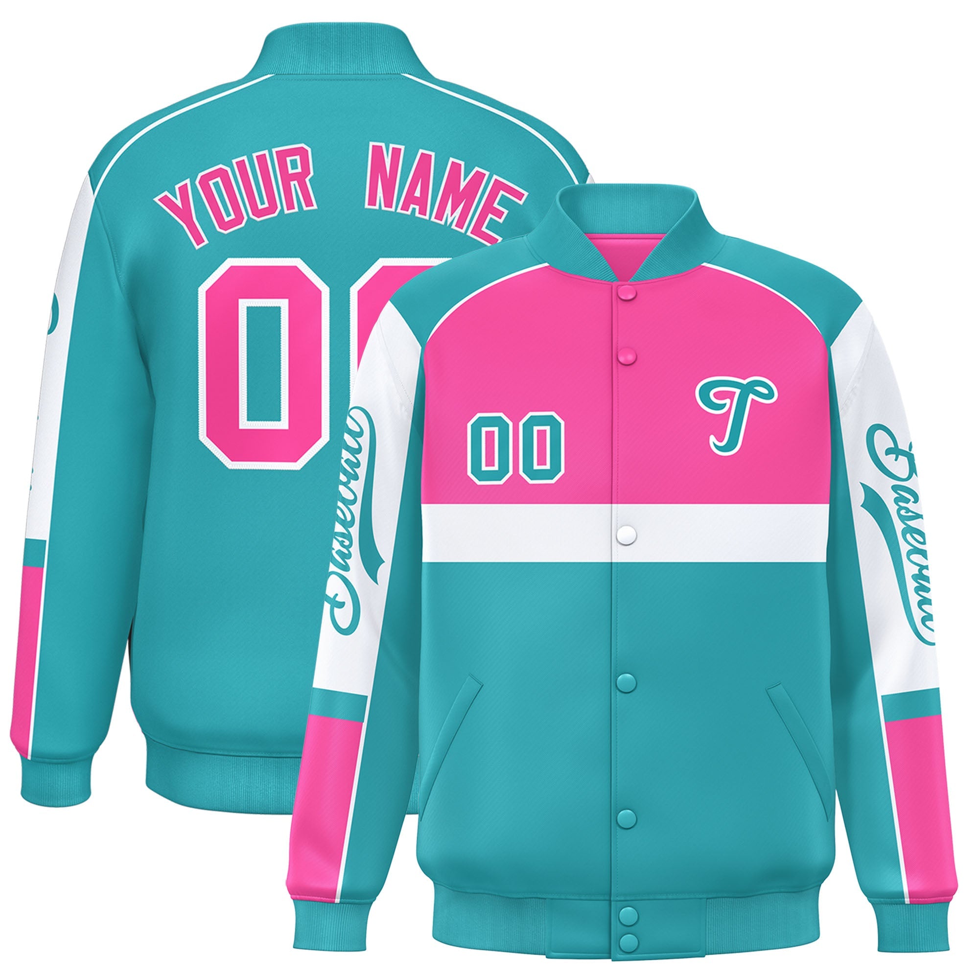 Custom Pink Aqua Varsity Full-Snap Raglan Sleeves Letterman Jacket