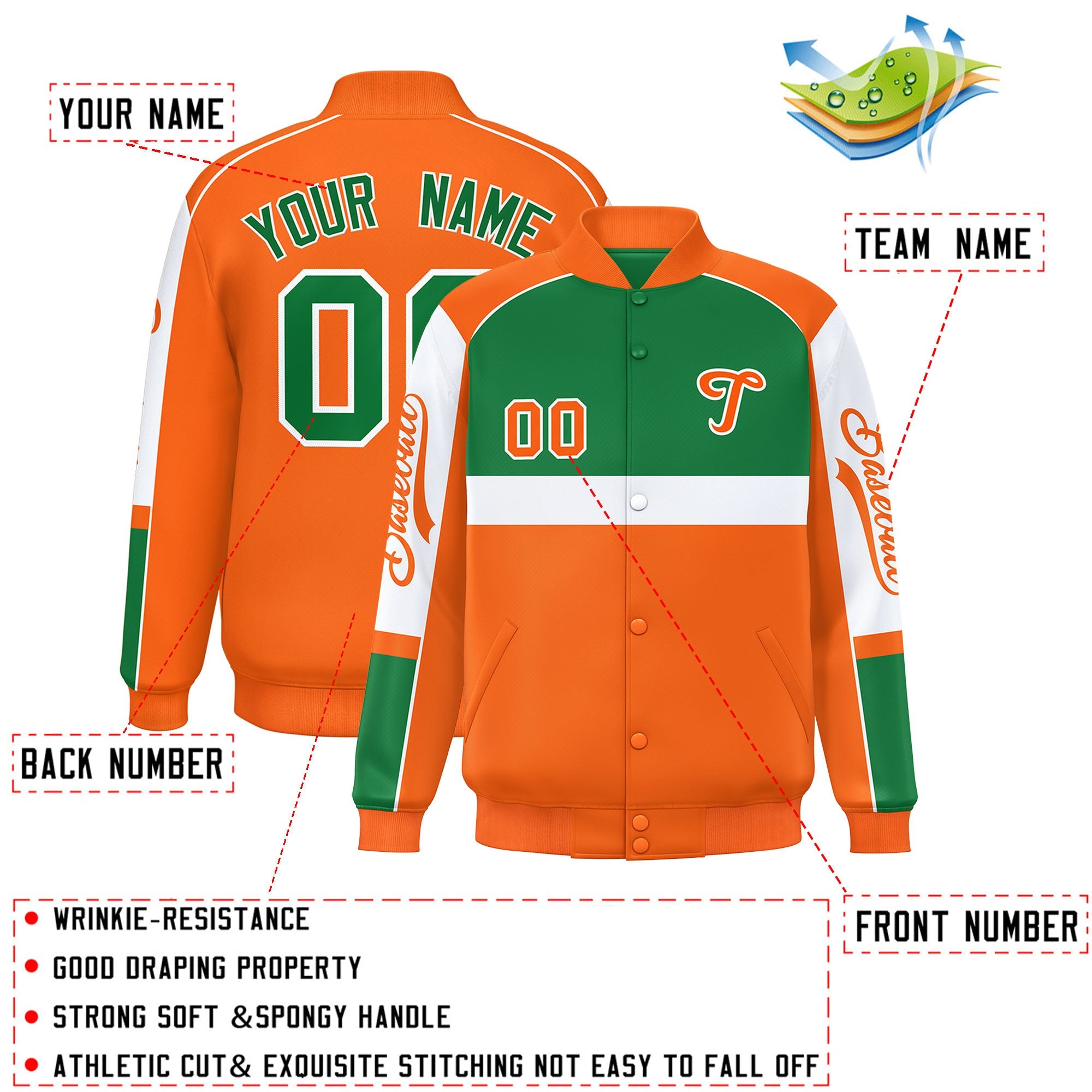 Custom Kelly Green Orange Varsity Full-Snap Raglan Sleeves Letterman Jacket