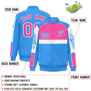 Custom Pink Powder Blue Varsity Full-Snap Raglan Sleeves Letterman Jacket