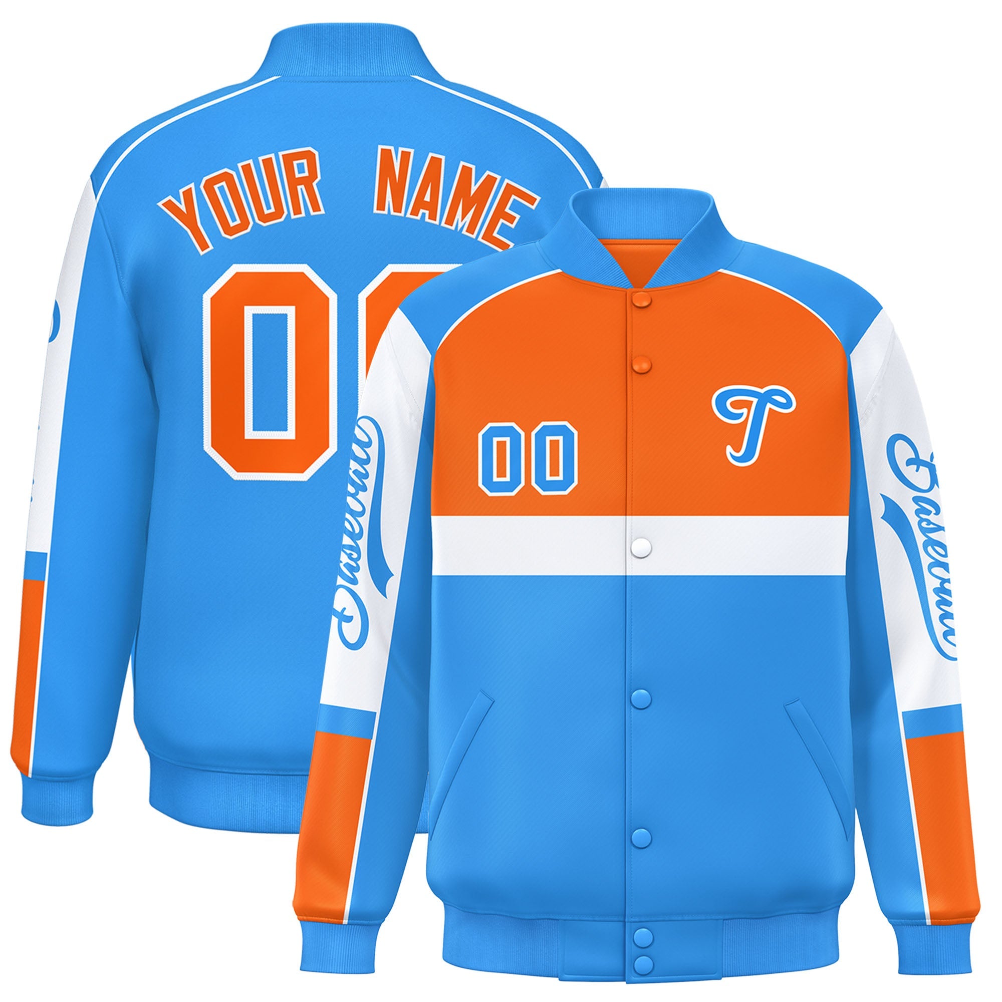 Custom Orange Powder Blue Varsity Full-Snap Raglan Sleeves Letterman Jacket