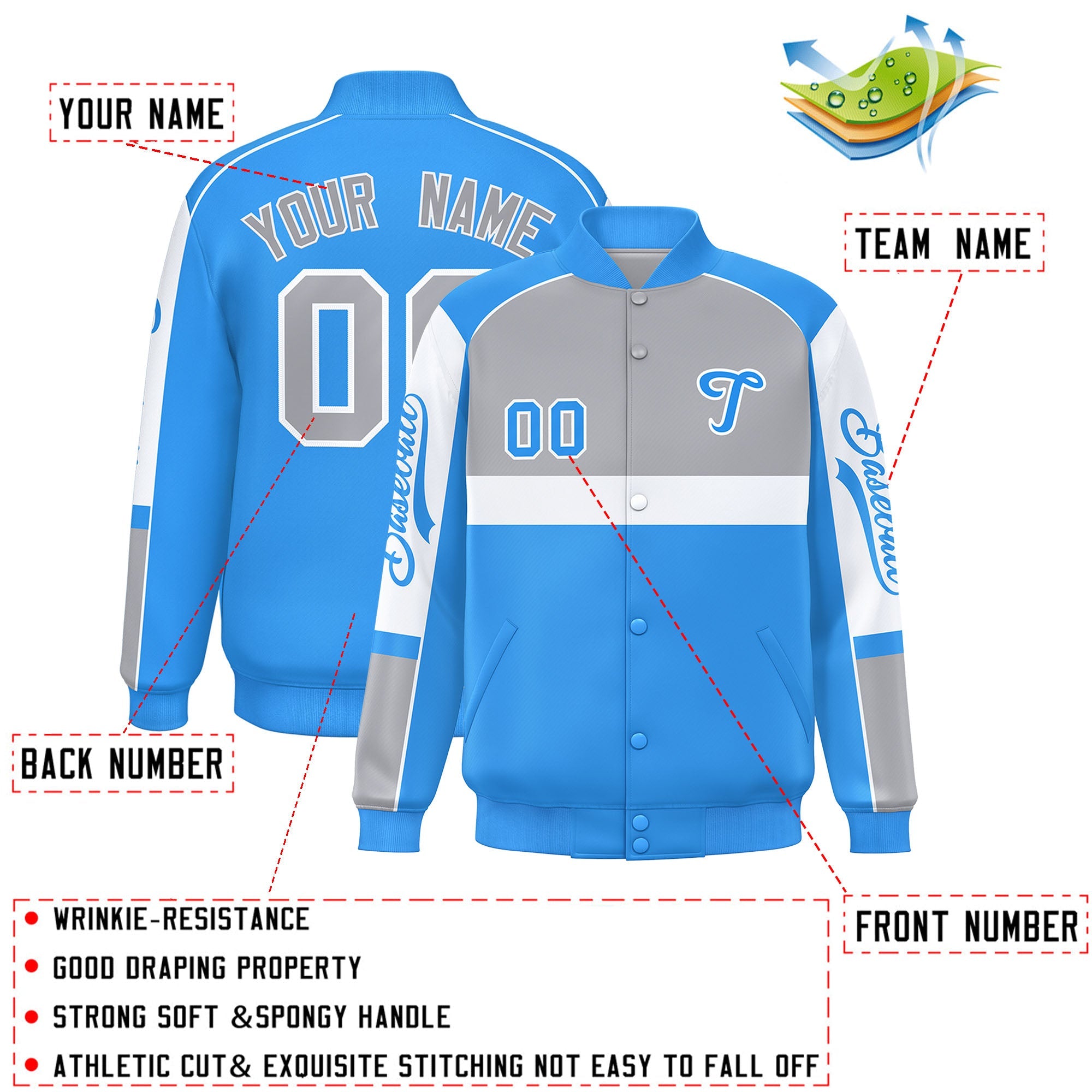 Custom Gray Powder Blue Varsity Full-Snap Raglan Sleeves Letterman Jacket