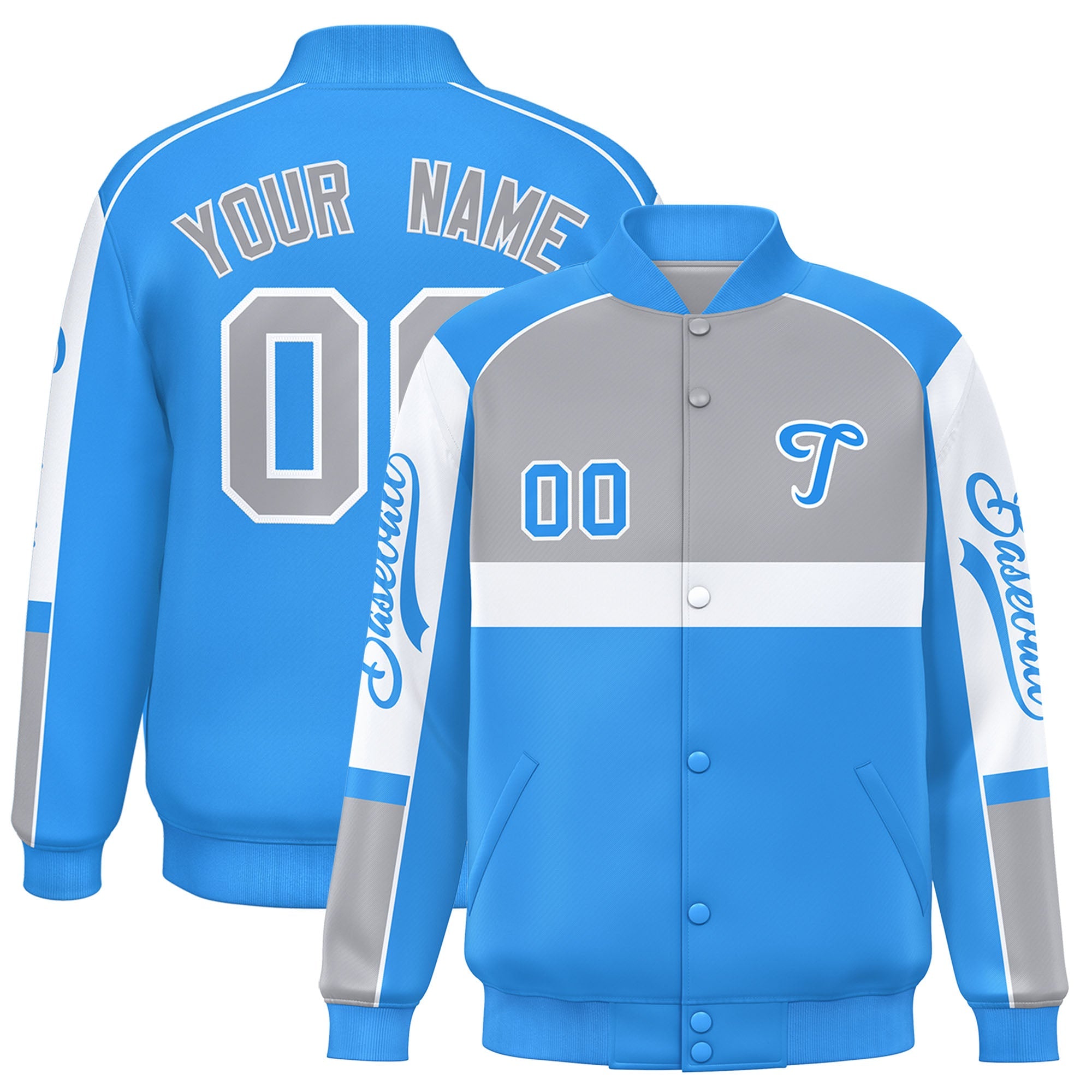 Custom Gray Powder Blue Varsity Full-Snap Raglan Sleeves Letterman Jacket