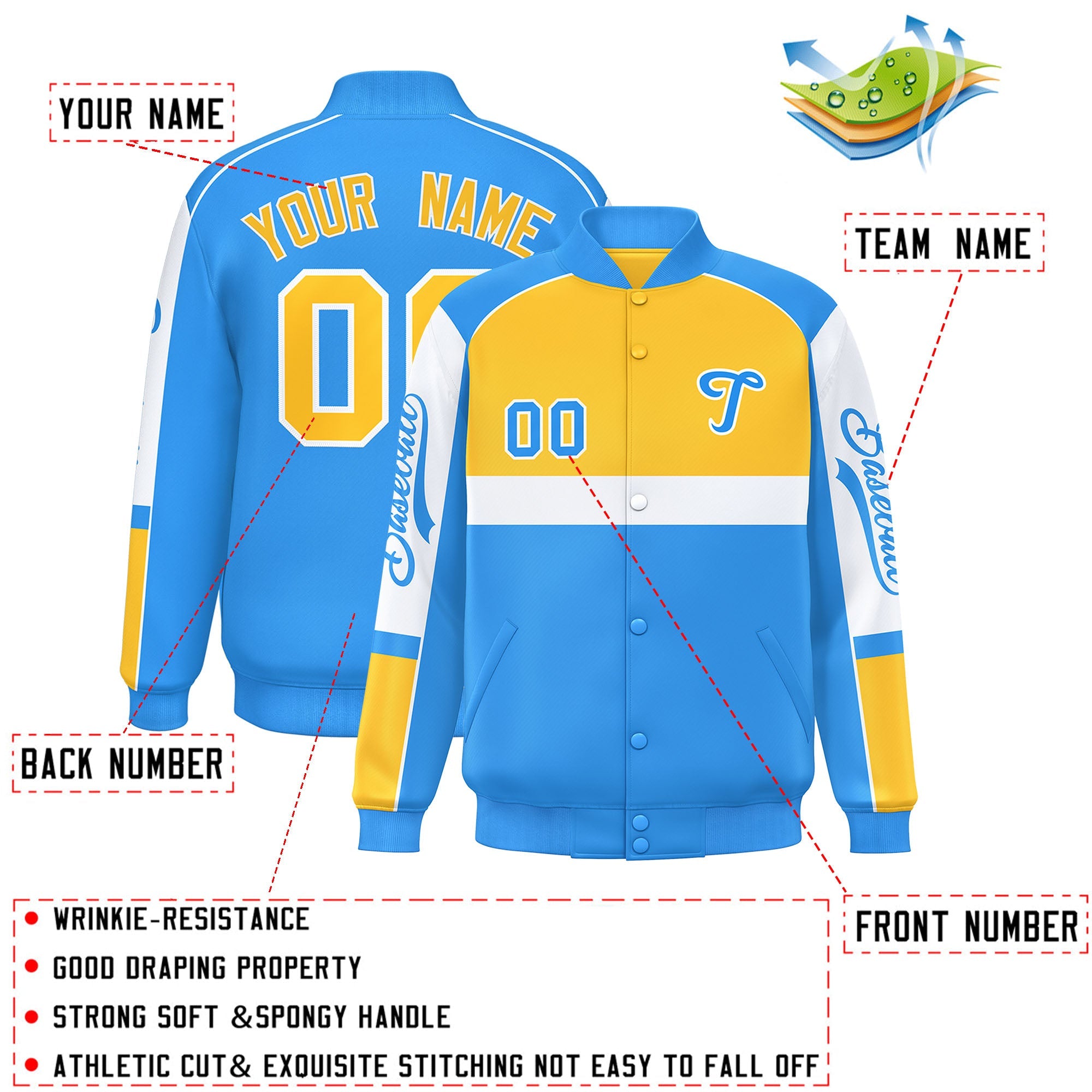 Custom Yellow Powder Blue Varsity Full-Snap Raglan Sleeves Letterman Jacket