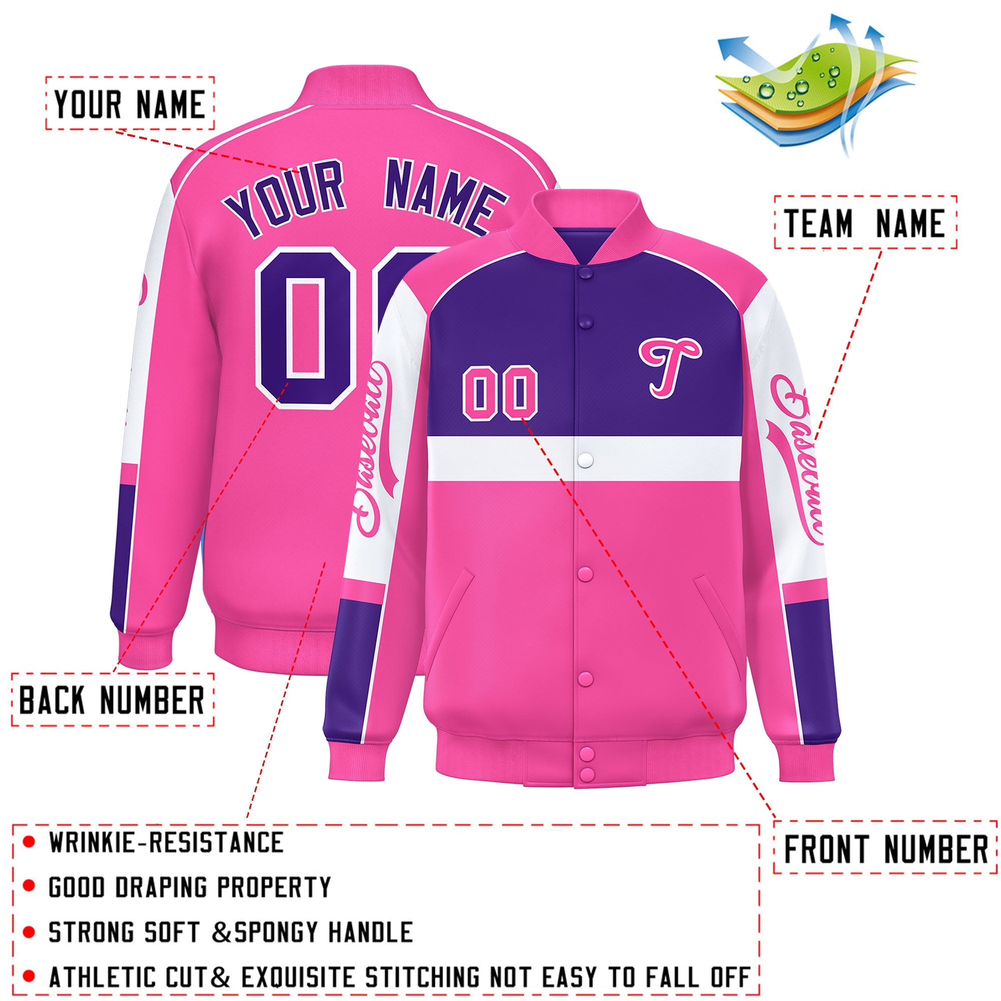 Custom Purple Pink Varsity Full-Snap Raglan Sleeves Letterman Jacket