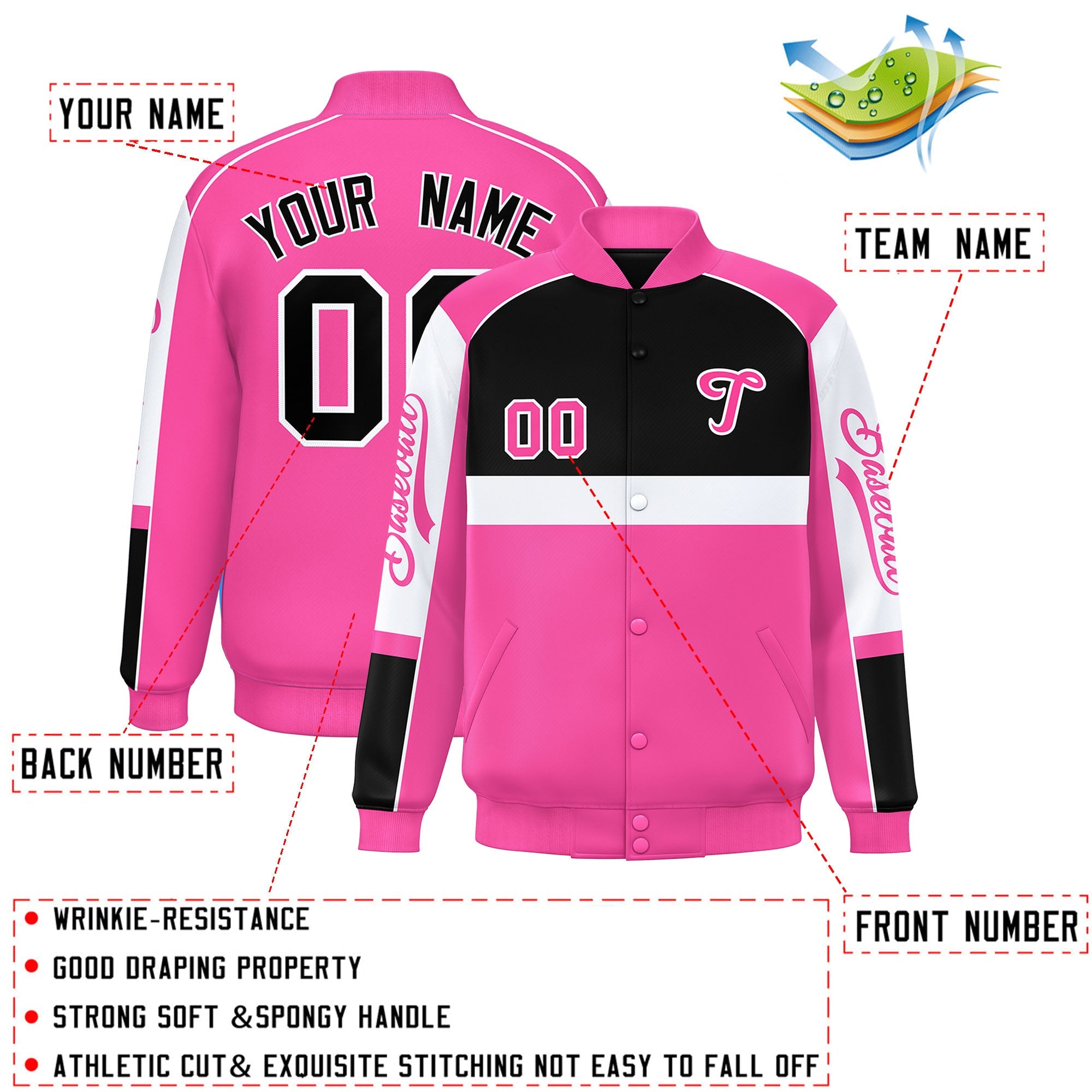 Custom Black Pink Varsity Full-Snap Raglan Sleeves Letterman Jacket