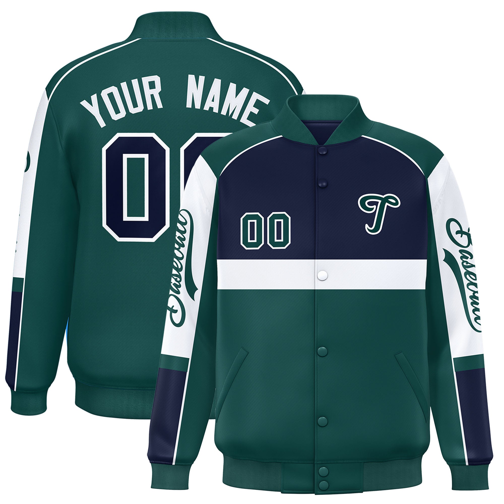 Custom Navy Midnight Green Varsity Full-Snap Raglan Sleeves Letterman Jacket