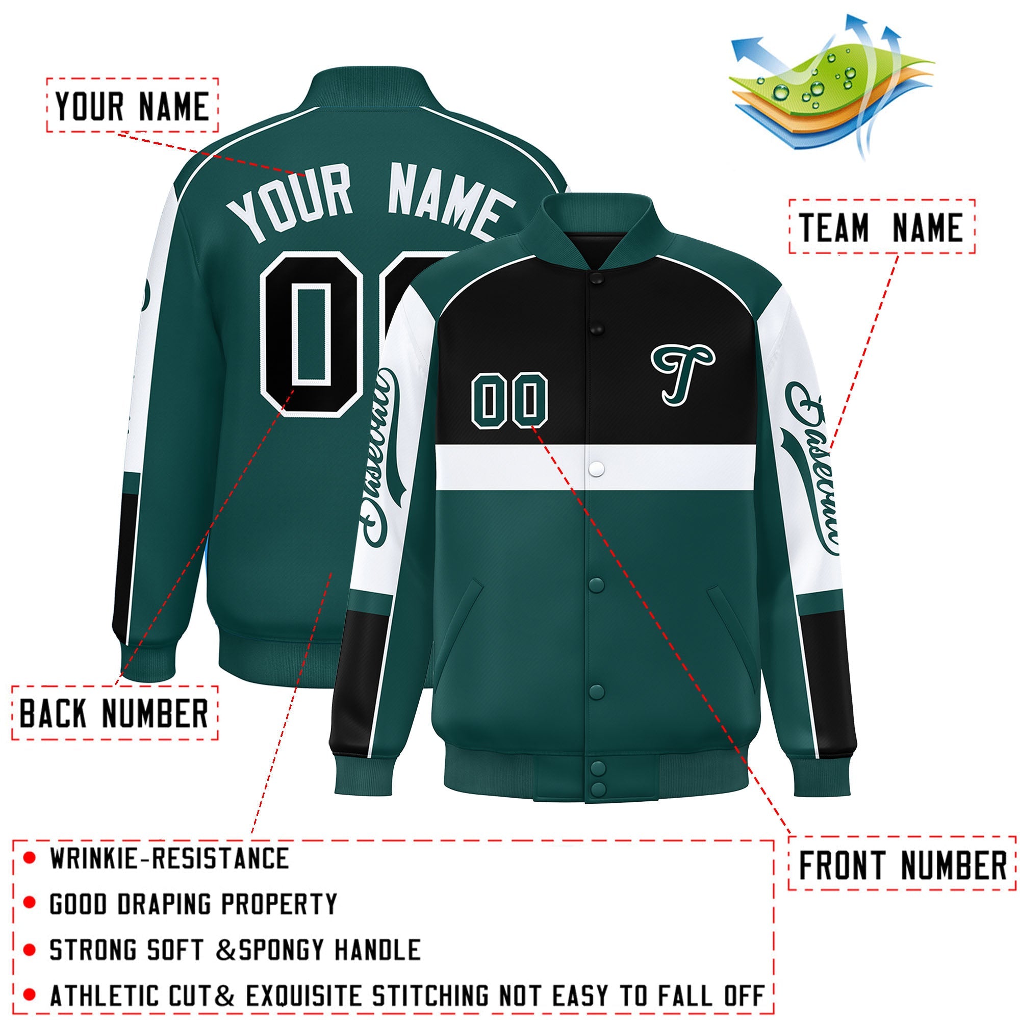 Custom Black Midnight Green Varsity Full-Snap Raglan Sleeves Letterman Jacket