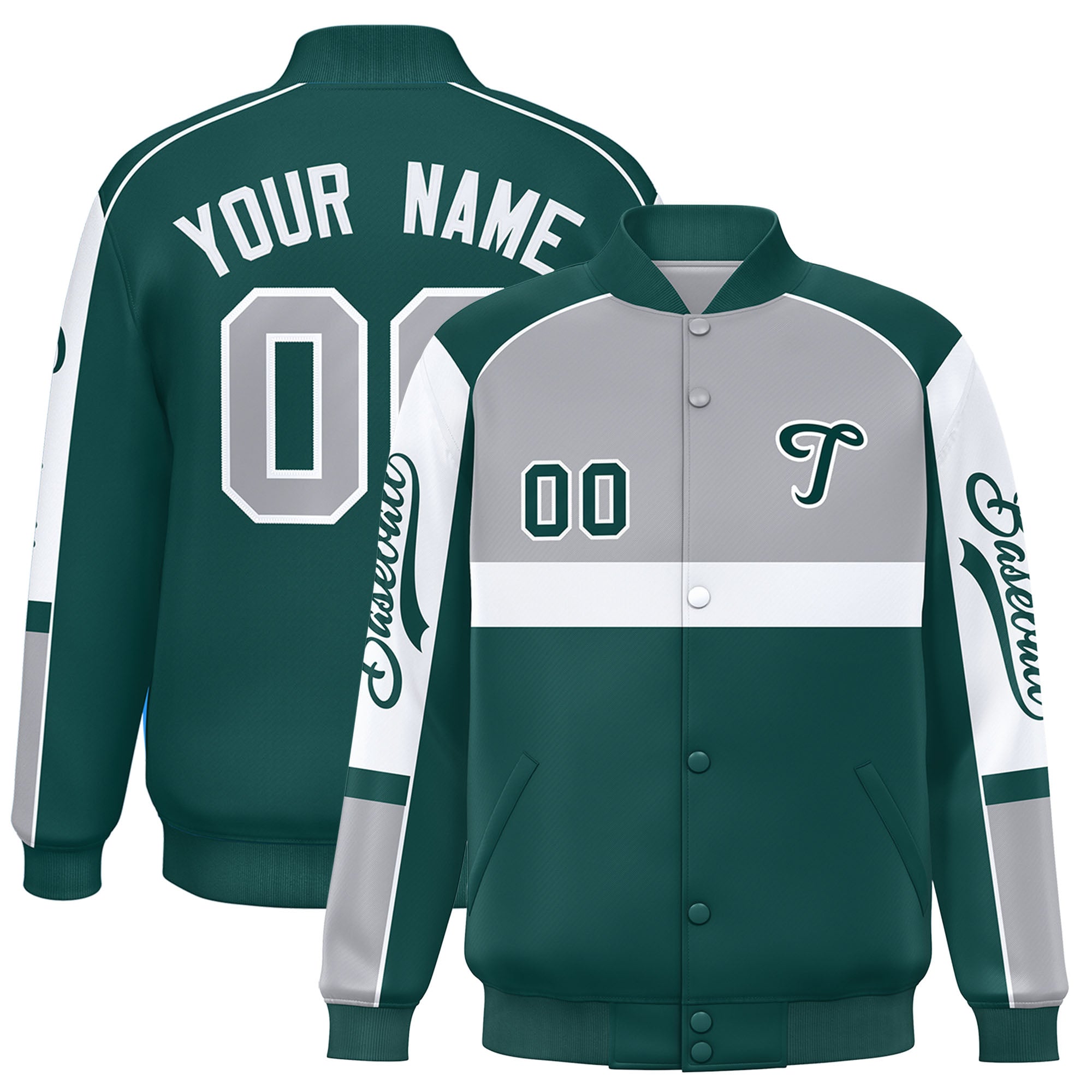 Custom Gray Midnight Green Varsity Full-Snap Raglan Sleeves Letterman Jacket