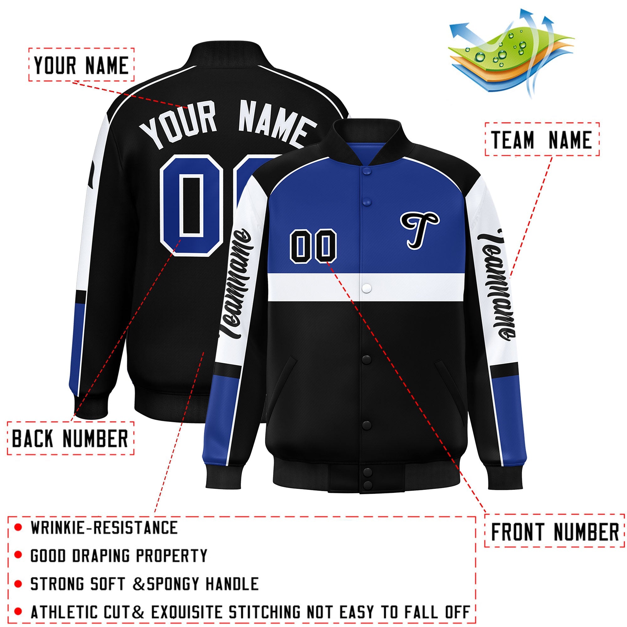 Custom Royal Black Varsity Full-Snap Raglan Sleeves Letterman Jacket