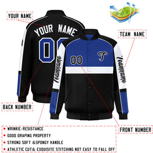 Custom Royal Black Varsity Full-Snap Raglan Sleeves Letterman Jacket