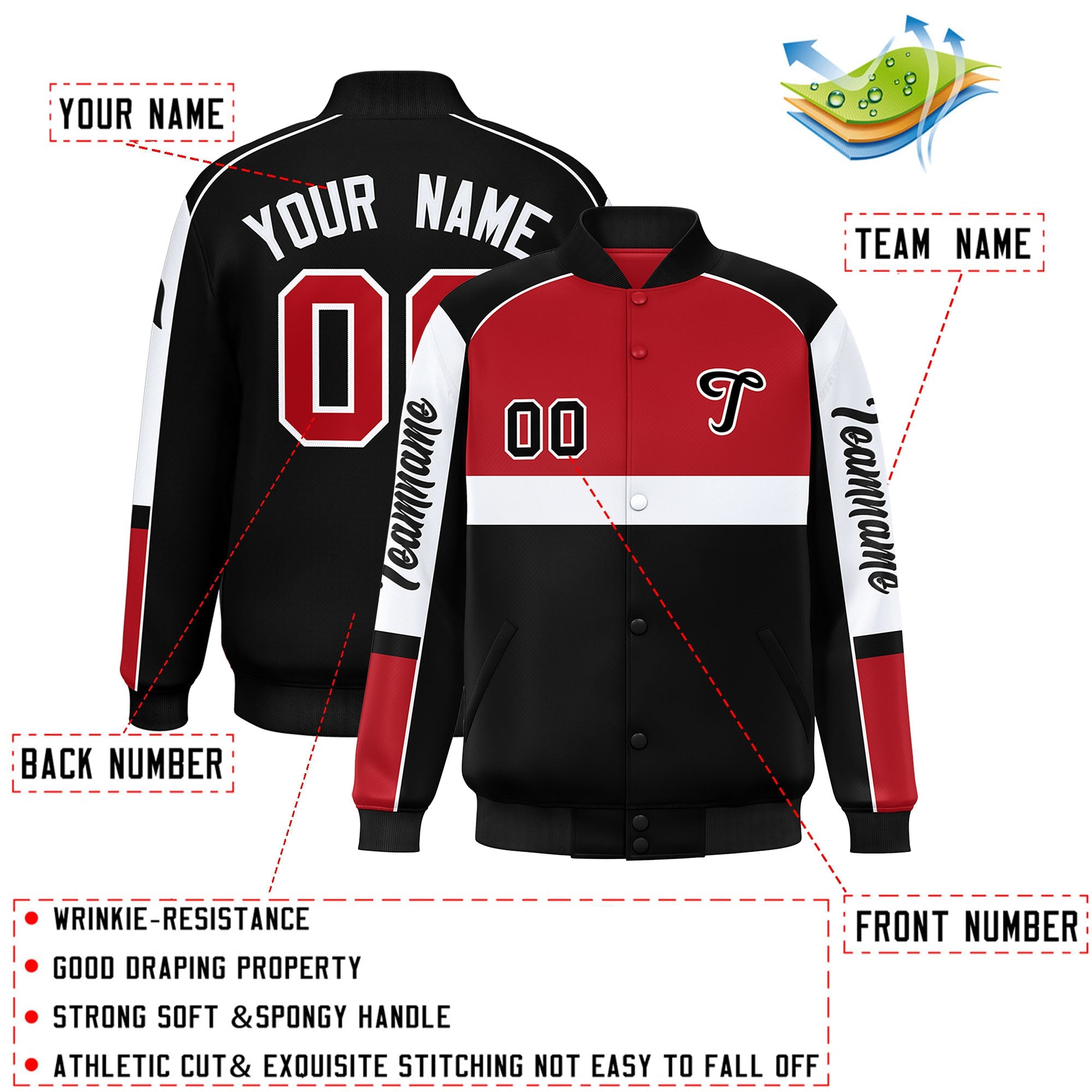 Custom Red Black Varsity Full-Snap Raglan Sleeves Letterman Jacket