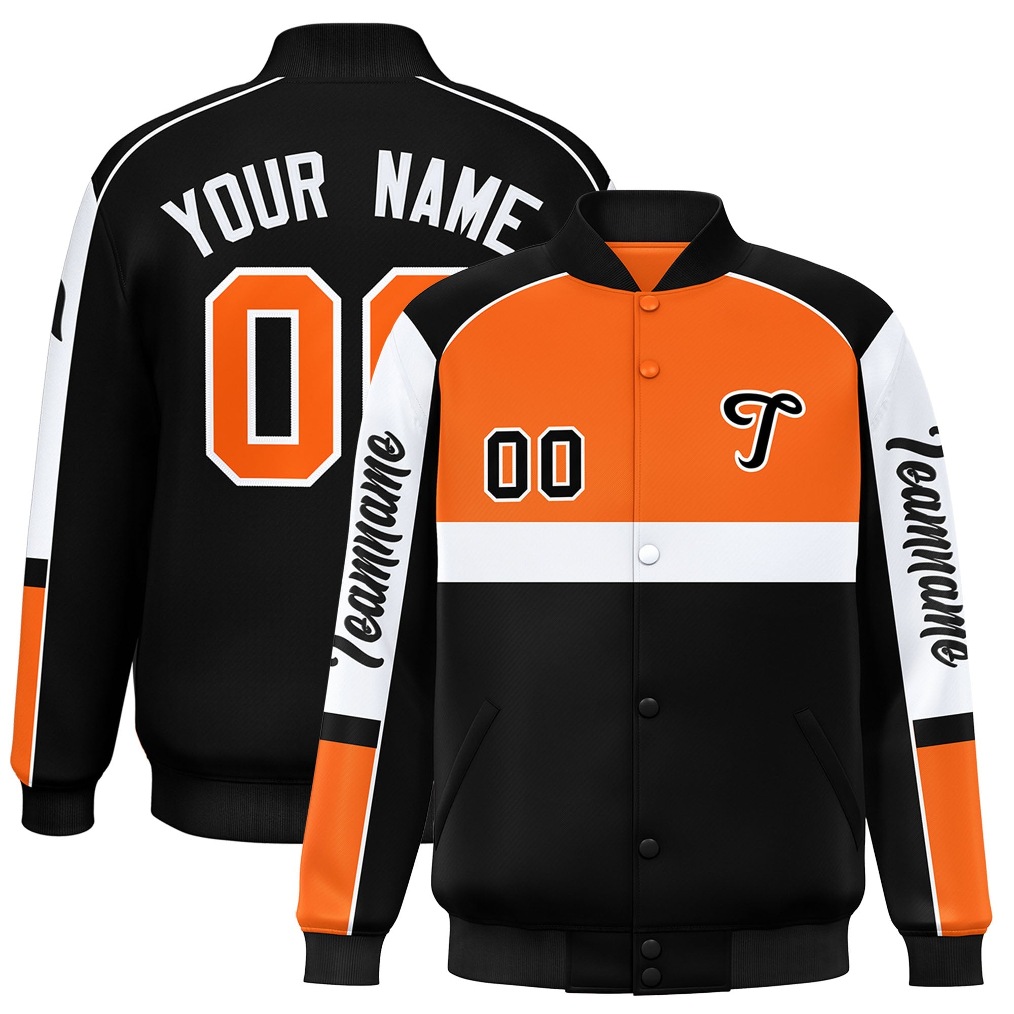 Custom Orange Black Varsity Full-Snap Raglan Sleeves Letterman Jacket