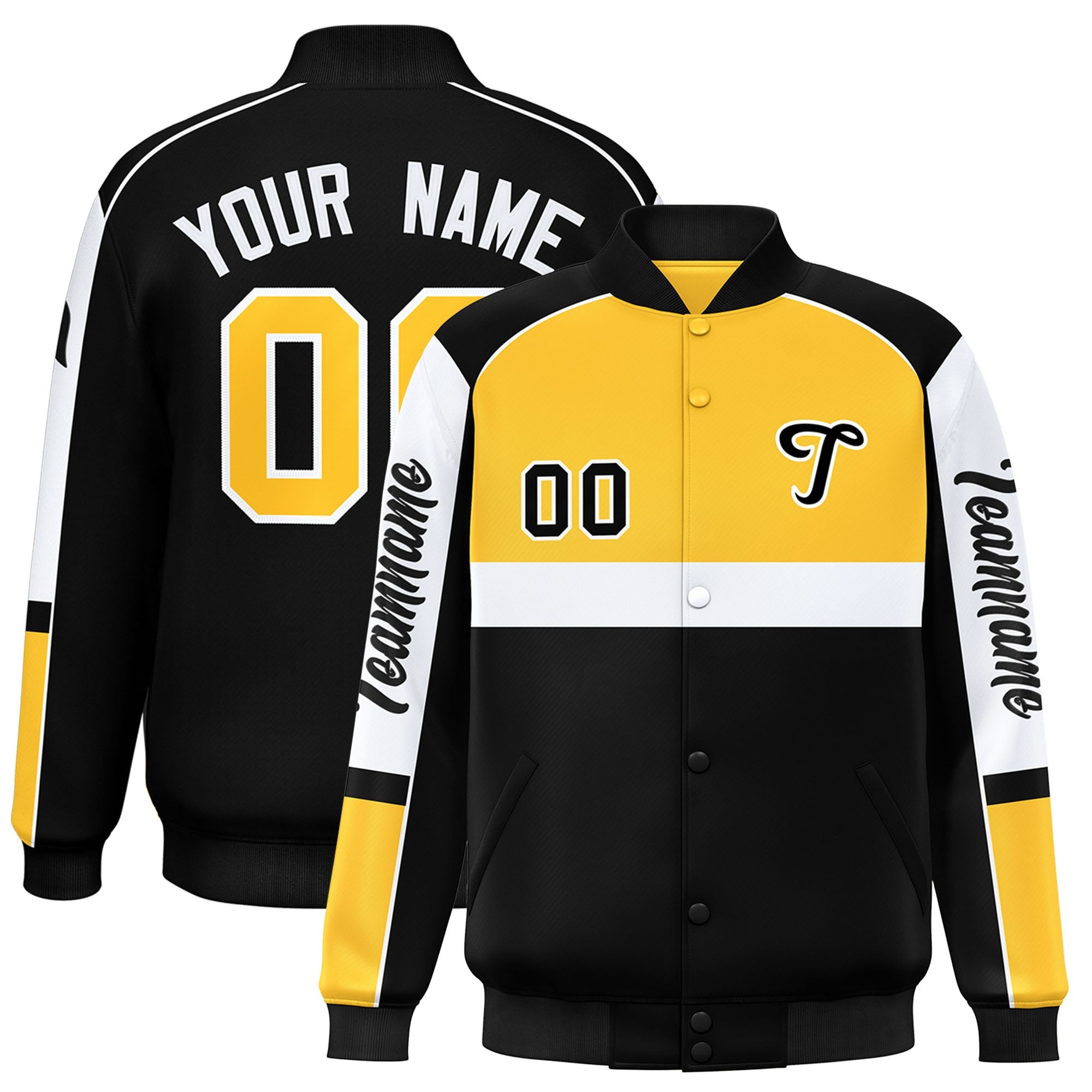 Custom Yellow Black Varsity Full-Snap Raglan Sleeves Letterman Jacket