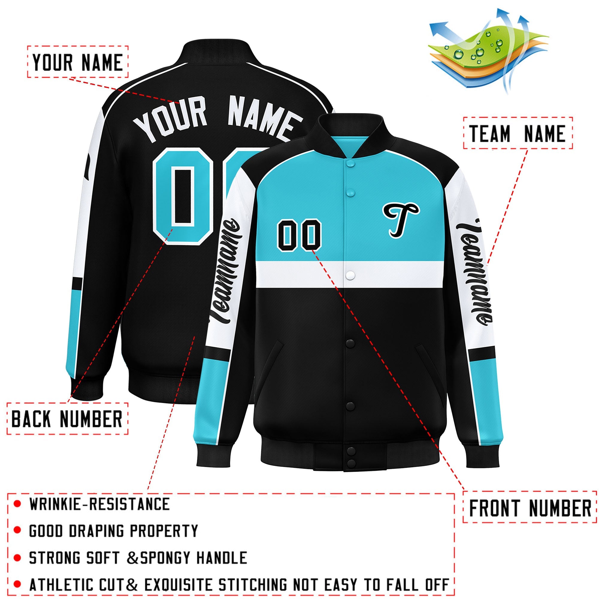 Custom Sky Blue Black Varsity Full-Snap Raglan Sleeves Letterman Jacket