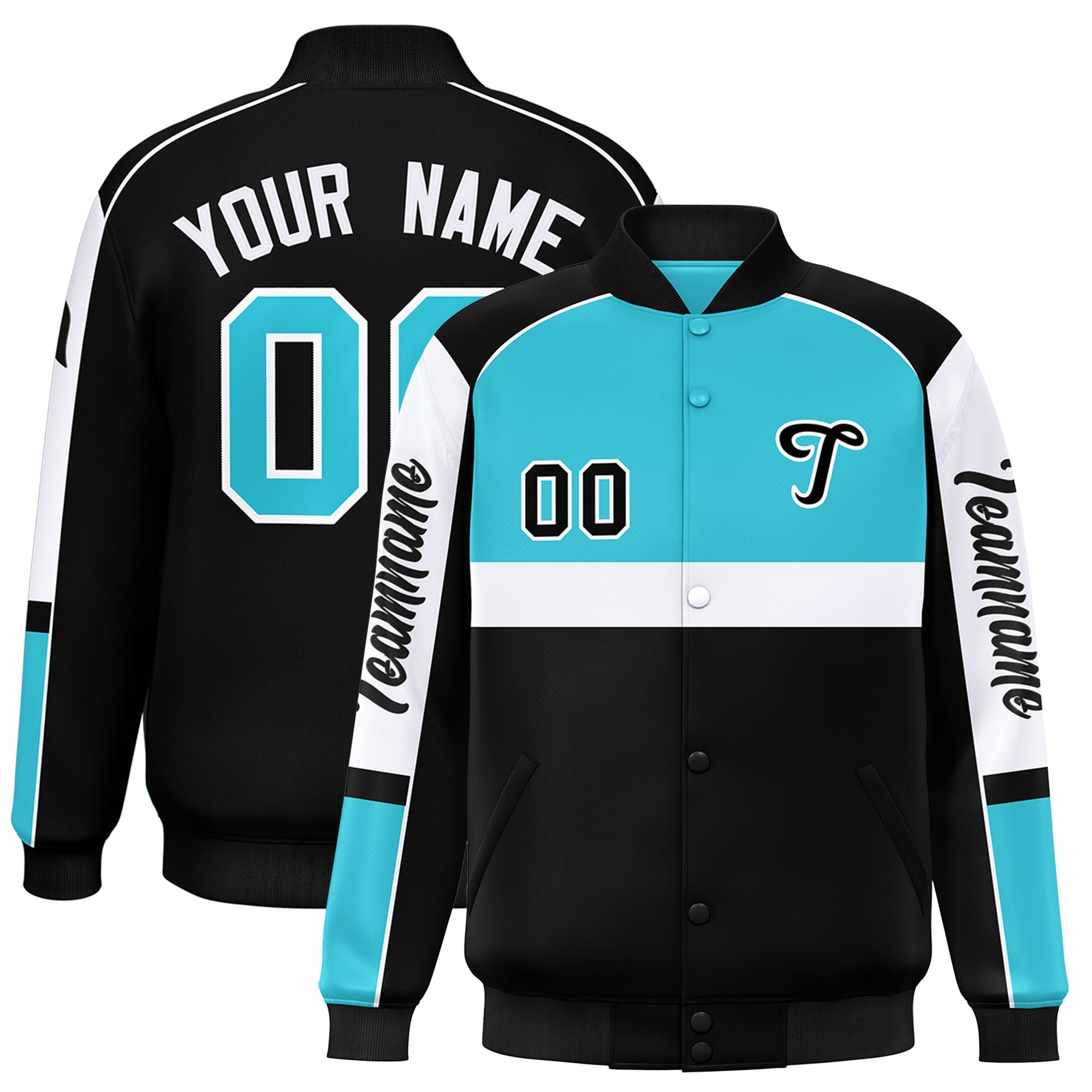 Custom Sky Blue Black Varsity Full-Snap Raglan Sleeves Letterman Jacket