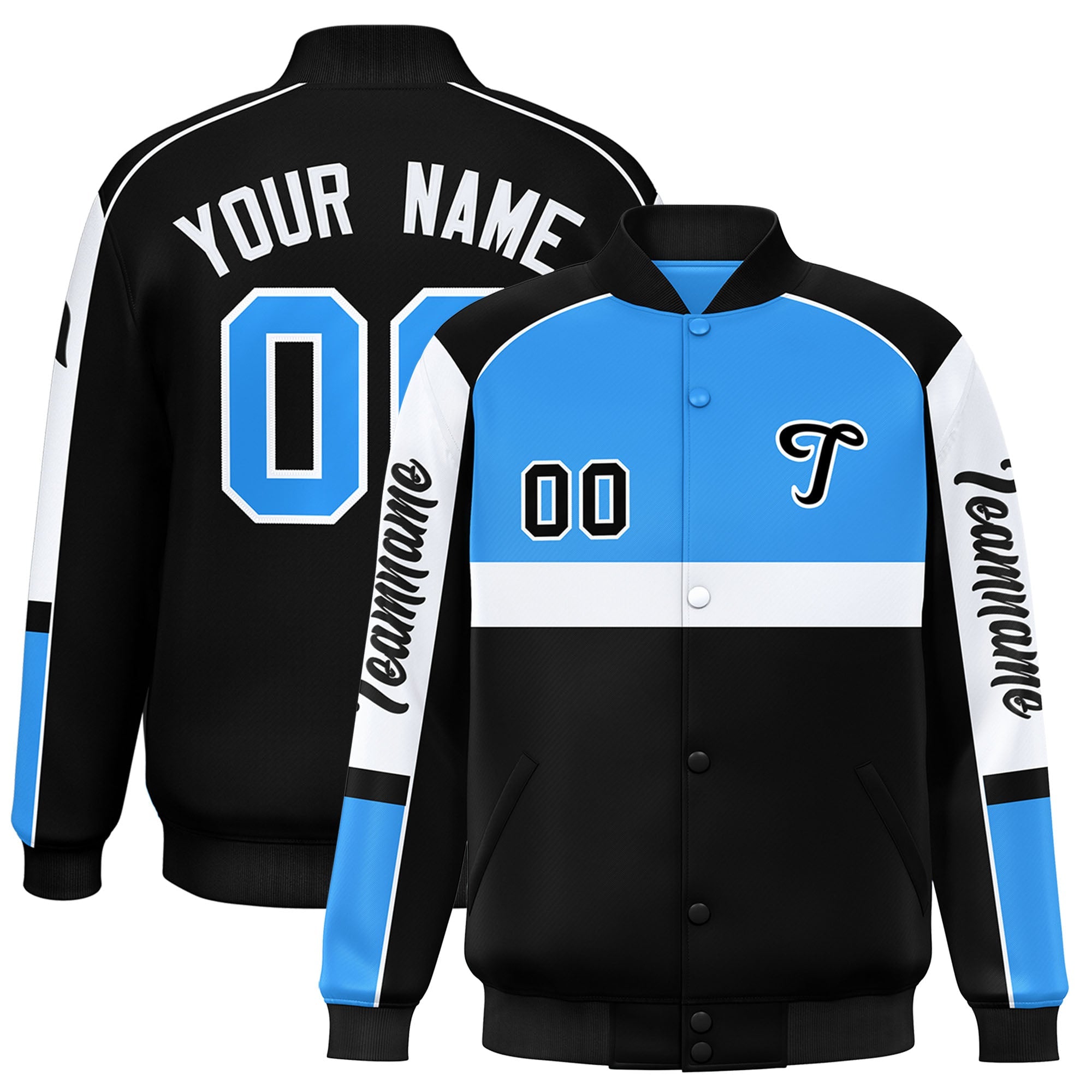 Custom Powder Blue Black Varsity Full-Snap Raglan Sleeves Letterman Jacket