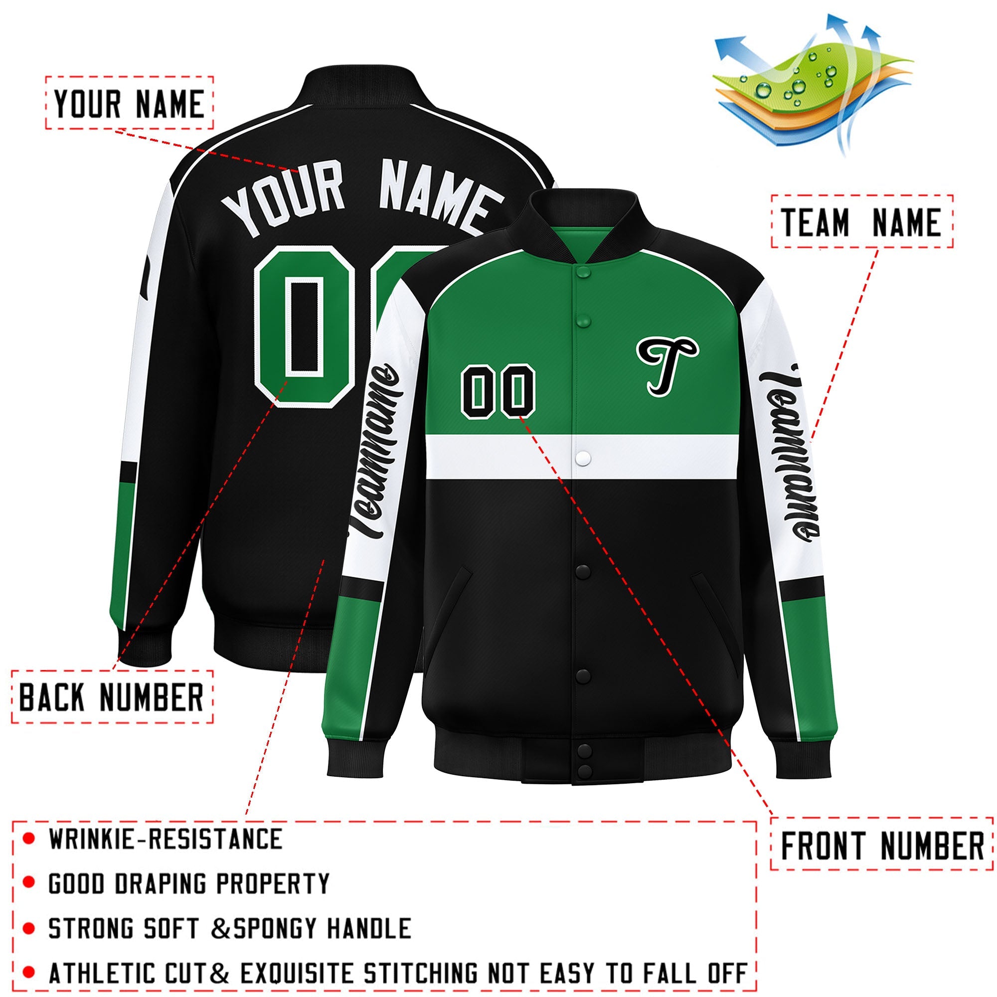 Custom Kelly Green Black Varsity Full-Snap Raglan Sleeves Letterman Jacket