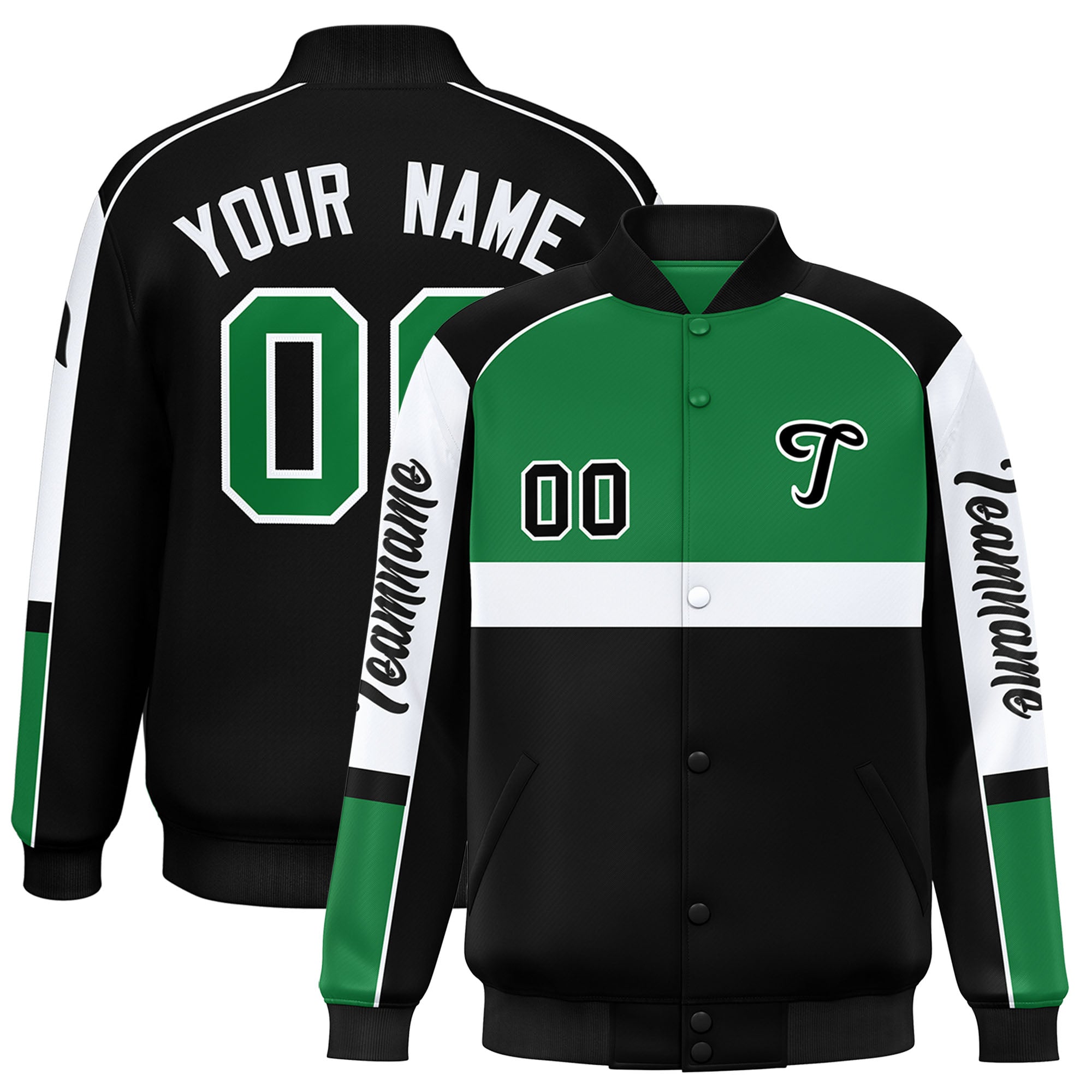 Custom Kelly Green Black Varsity Full-Snap Raglan Sleeves Letterman Jacket