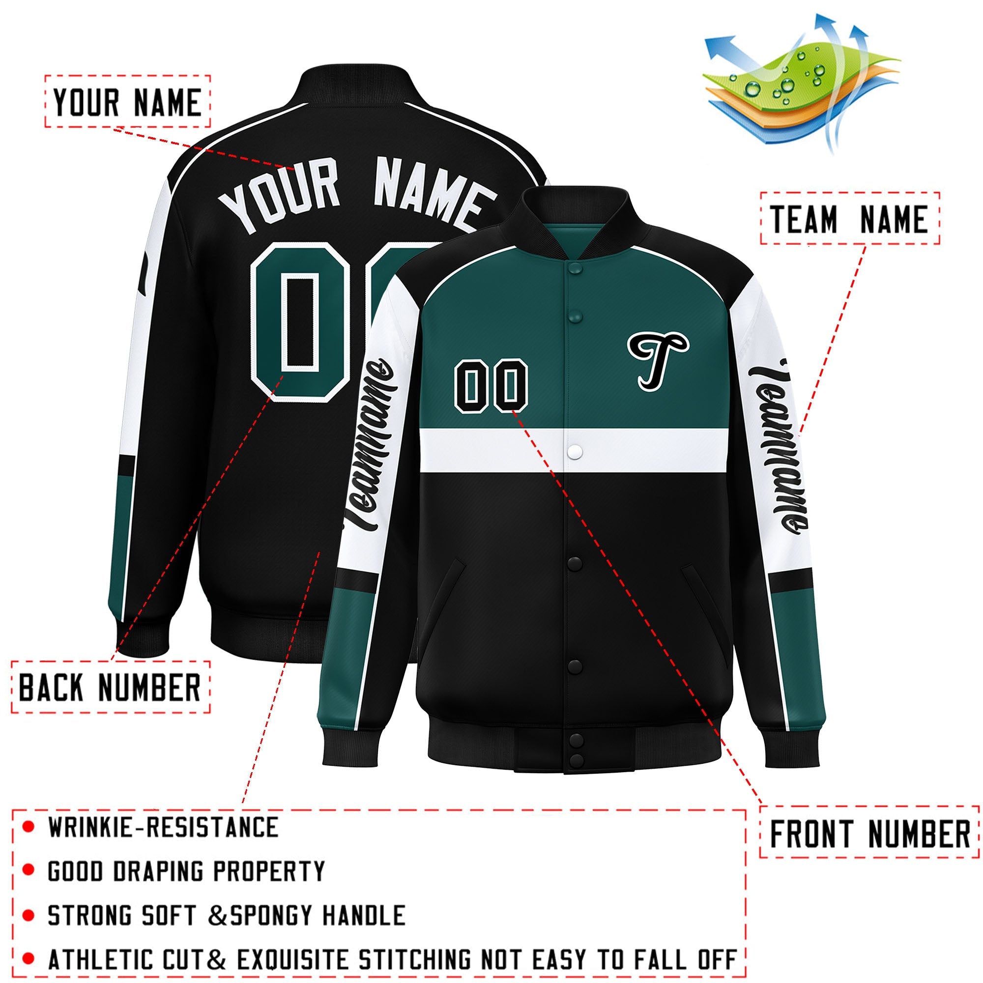 Custom Midnight Green Black Varsity Full-Snap Raglan Sleeves Letterman Jacket