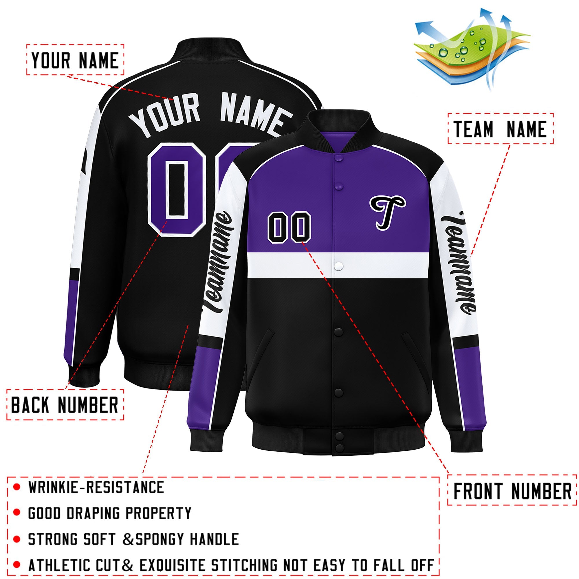 Custom Purple Black Varsity Full-Snap Raglan Sleeves Letterman Jacket