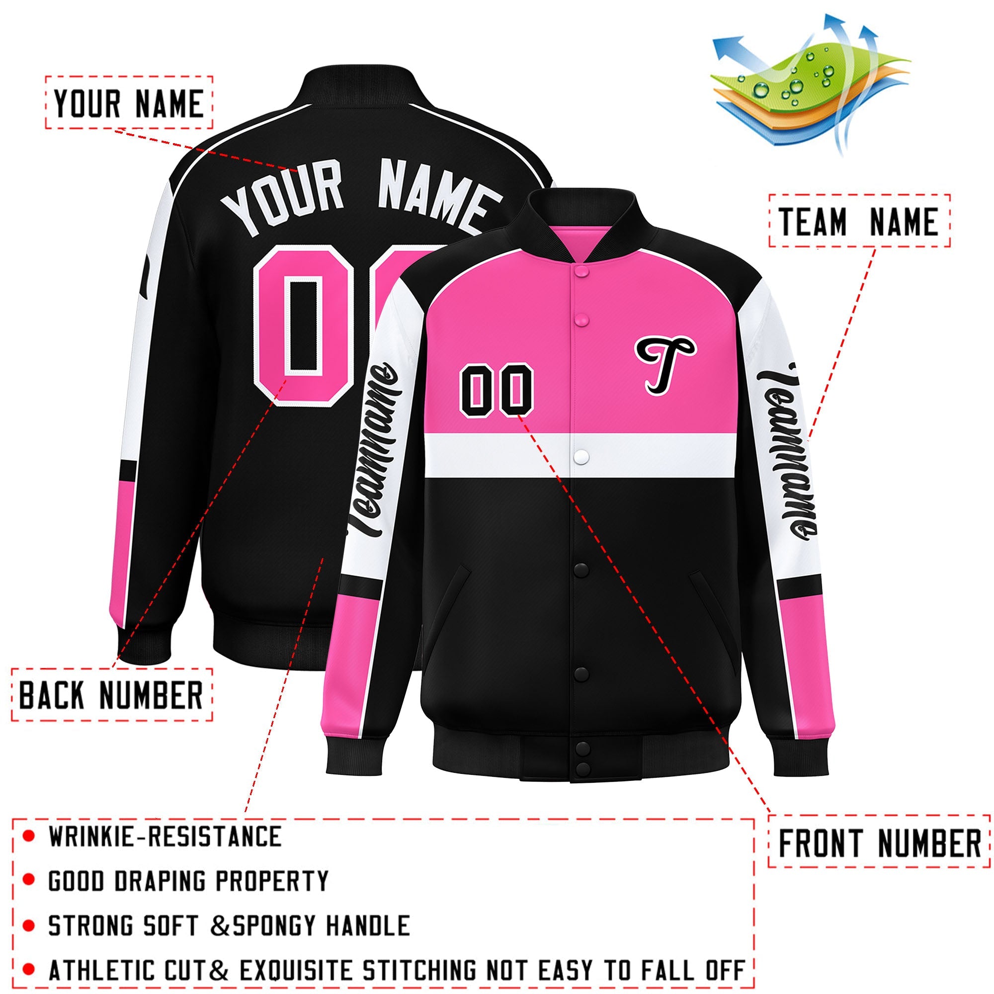 Custom Pink Black Varsity Full-Snap Raglan Sleeves Letterman Jacket