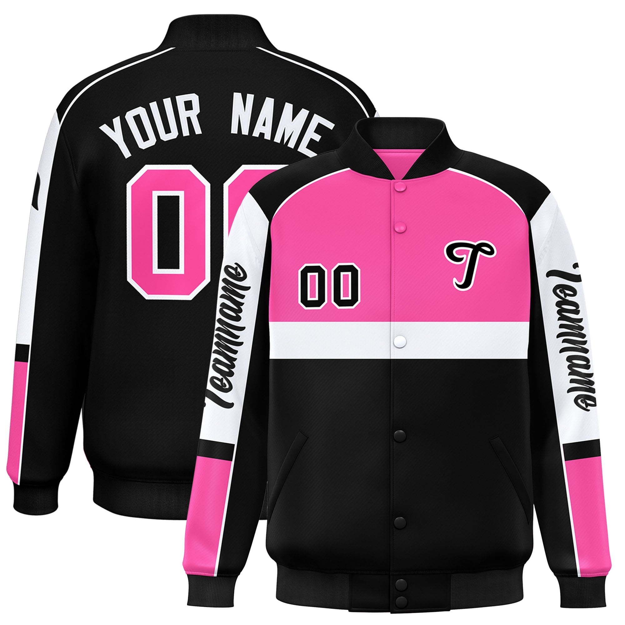 Custom Pink Black Varsity Full-Snap Raglan Sleeves Letterman Jacket