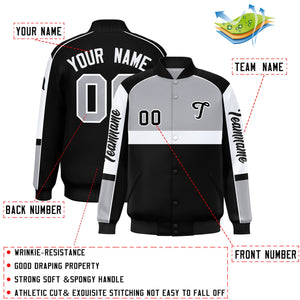 Custom Gray Black Varsity Full-Snap Raglan Sleeves Letterman Jacket