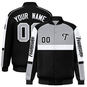 Custom Gray Black Varsity Full-Snap Raglan Sleeves Letterman Jacket