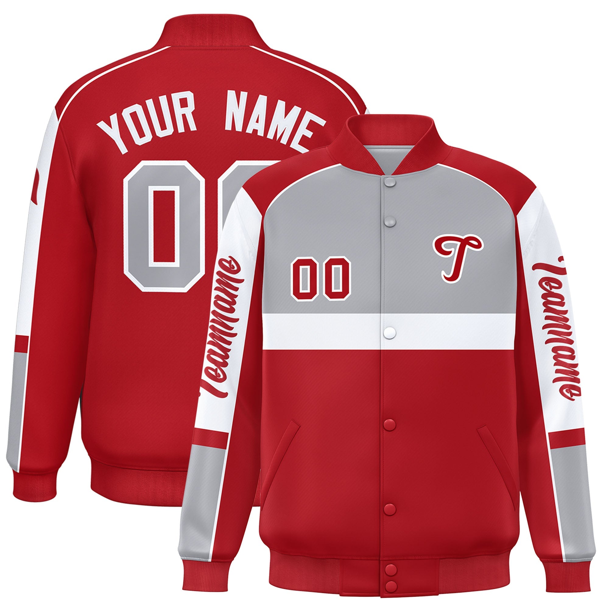 Custom Gray Red Varsity Full-Snap Raglan Sleeves Letterman Jacket