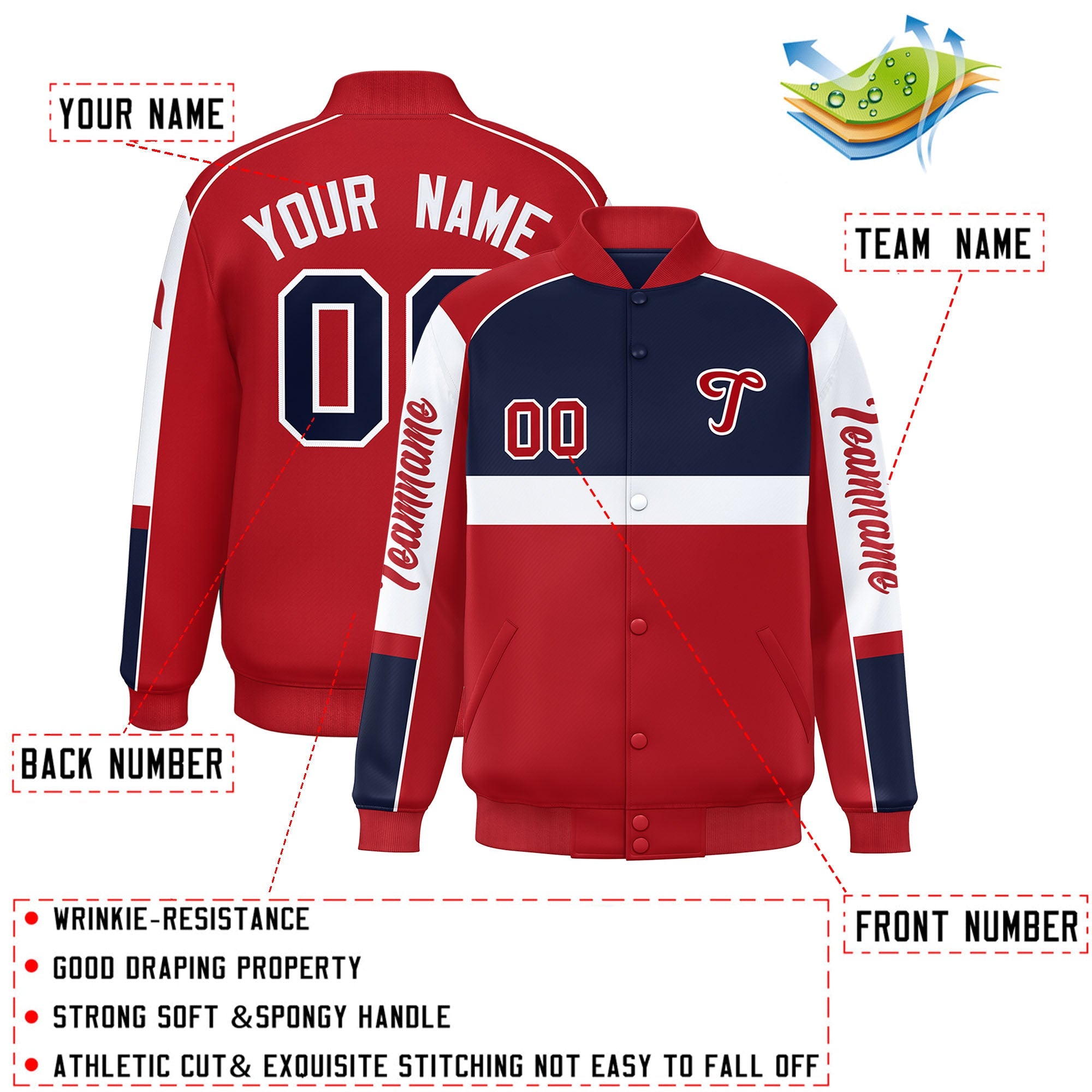 Custom Navy Red Varsity Full-Snap Raglan Sleeves Letterman Jacket