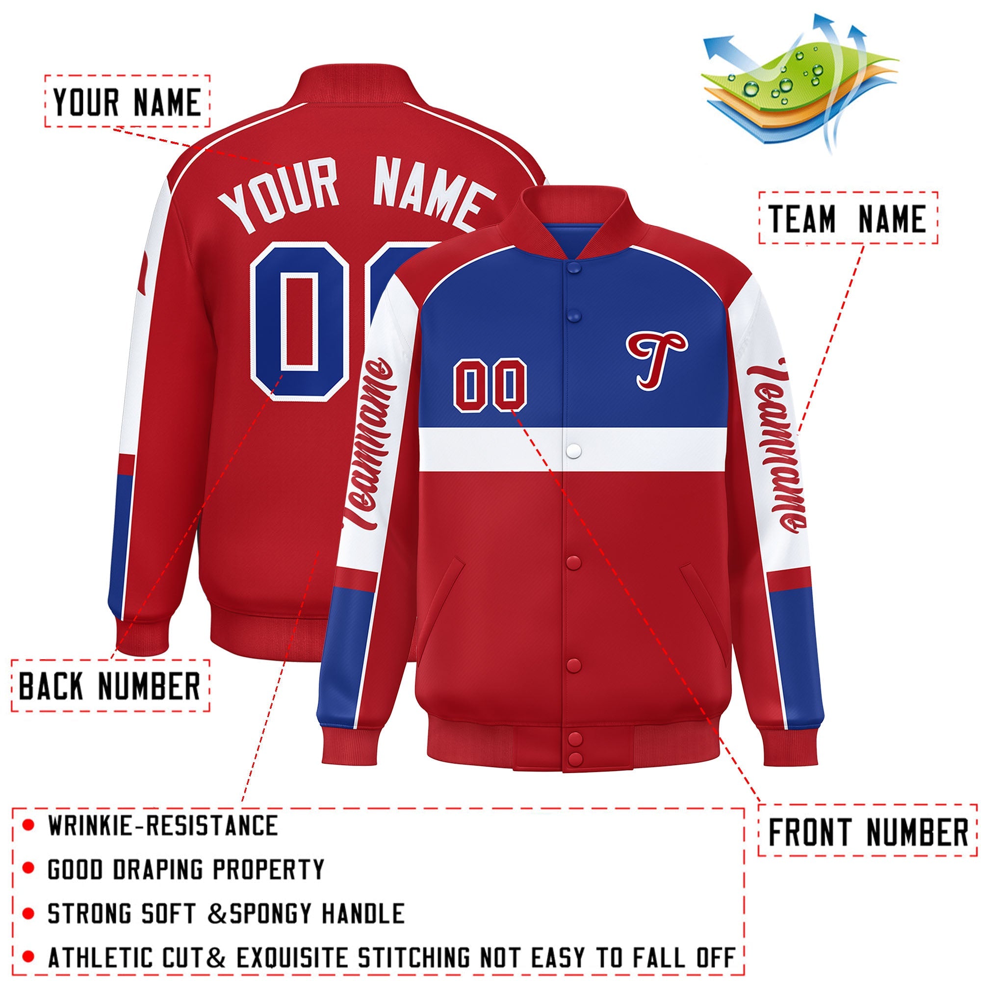 Custom Royal Red Varsity Full-Snap Raglan Sleeves Letterman Jacket