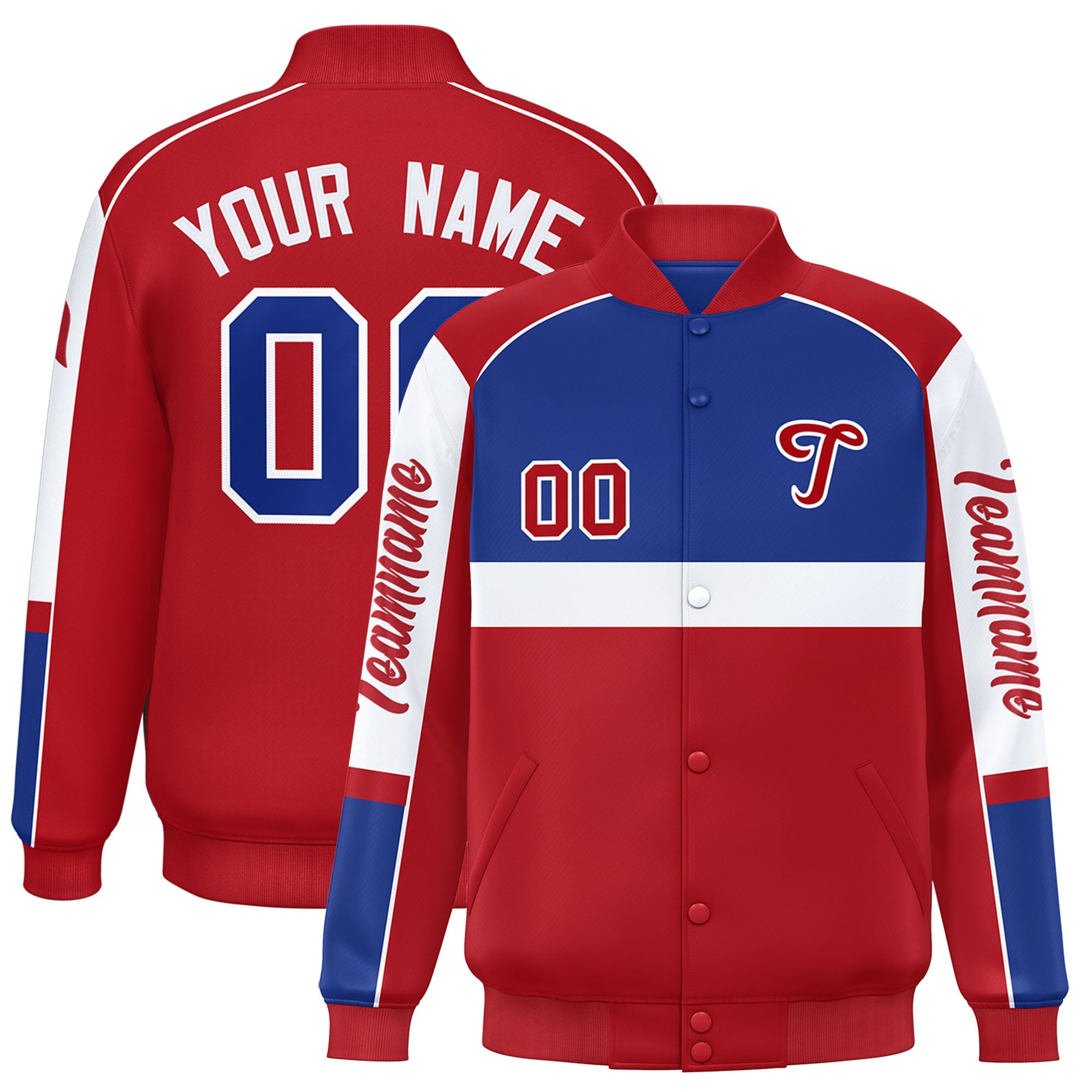 Custom Royal Red Varsity Full-Snap Raglan Sleeves Letterman Jacket