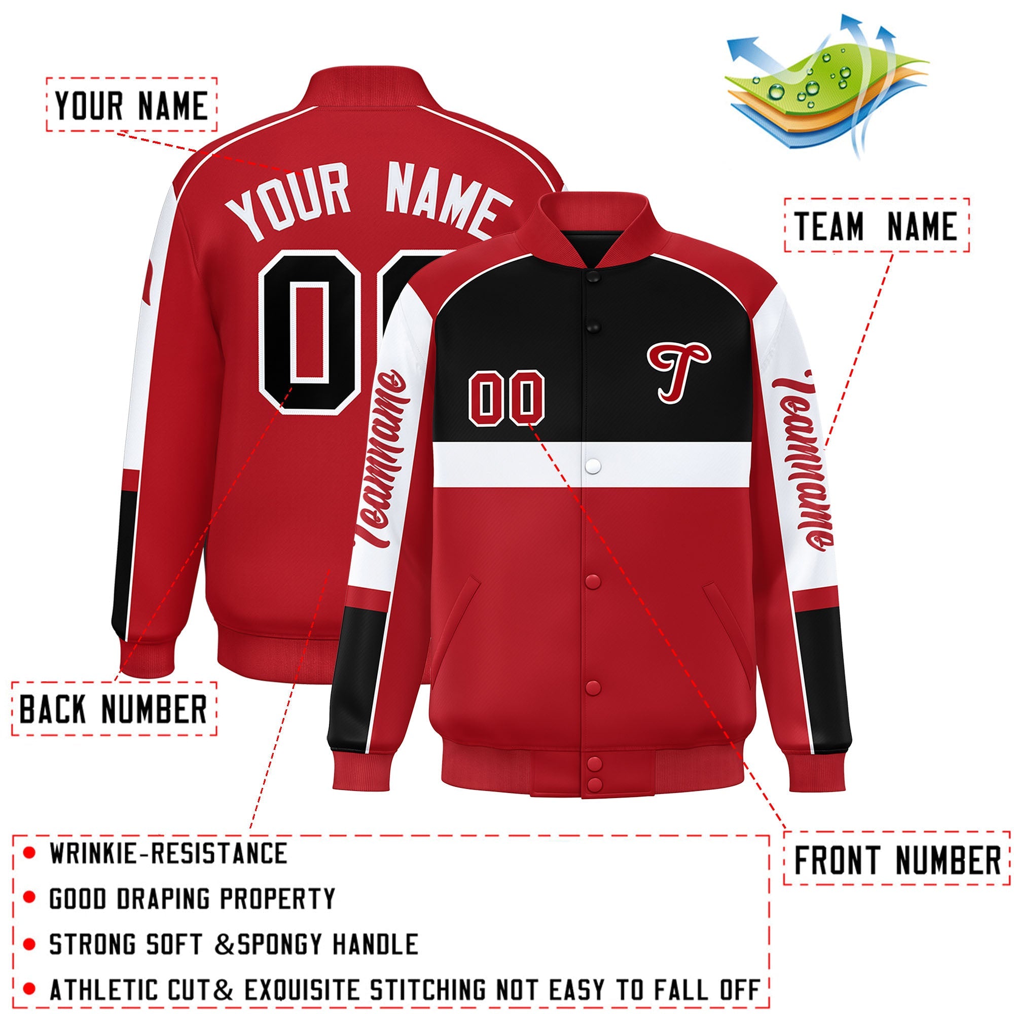 Custom Black Red Varsity Full-Snap Raglan Sleeves Letterman Jacket