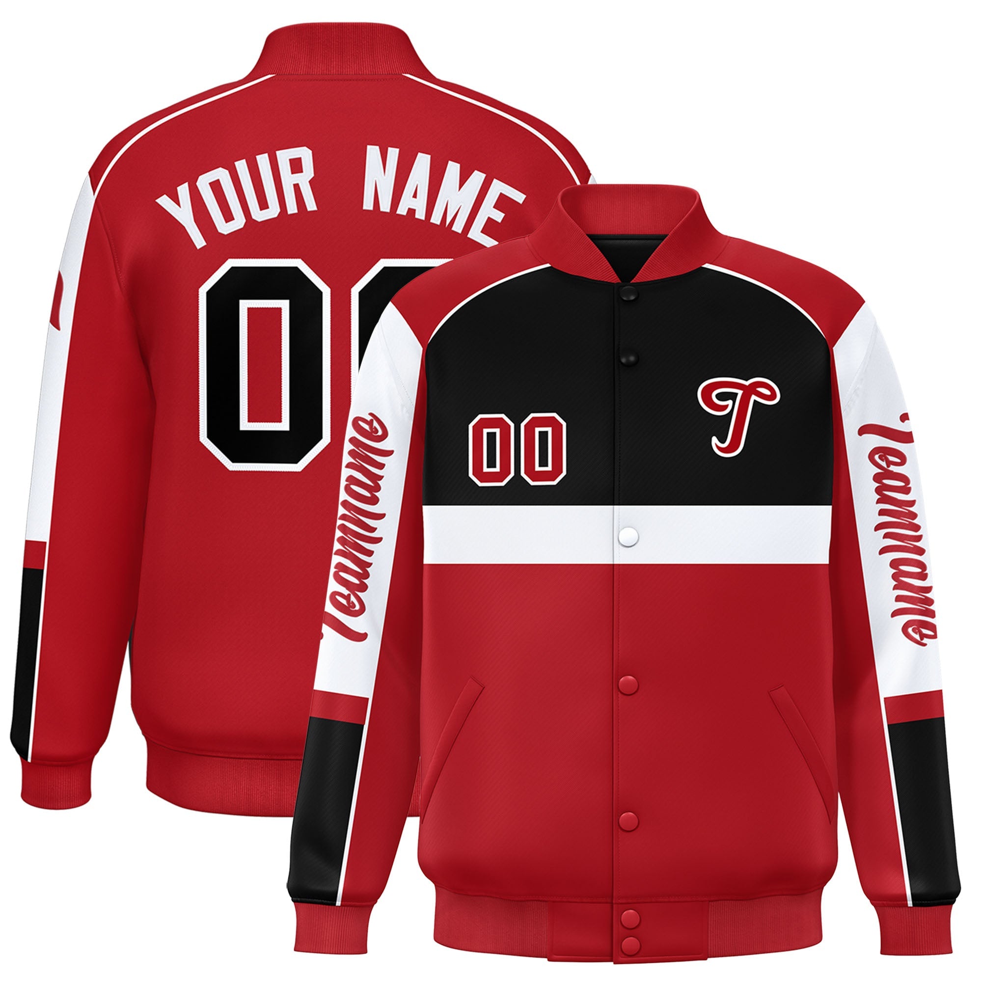 Custom Black Red Varsity Full-Snap Raglan Sleeves Letterman Jacket