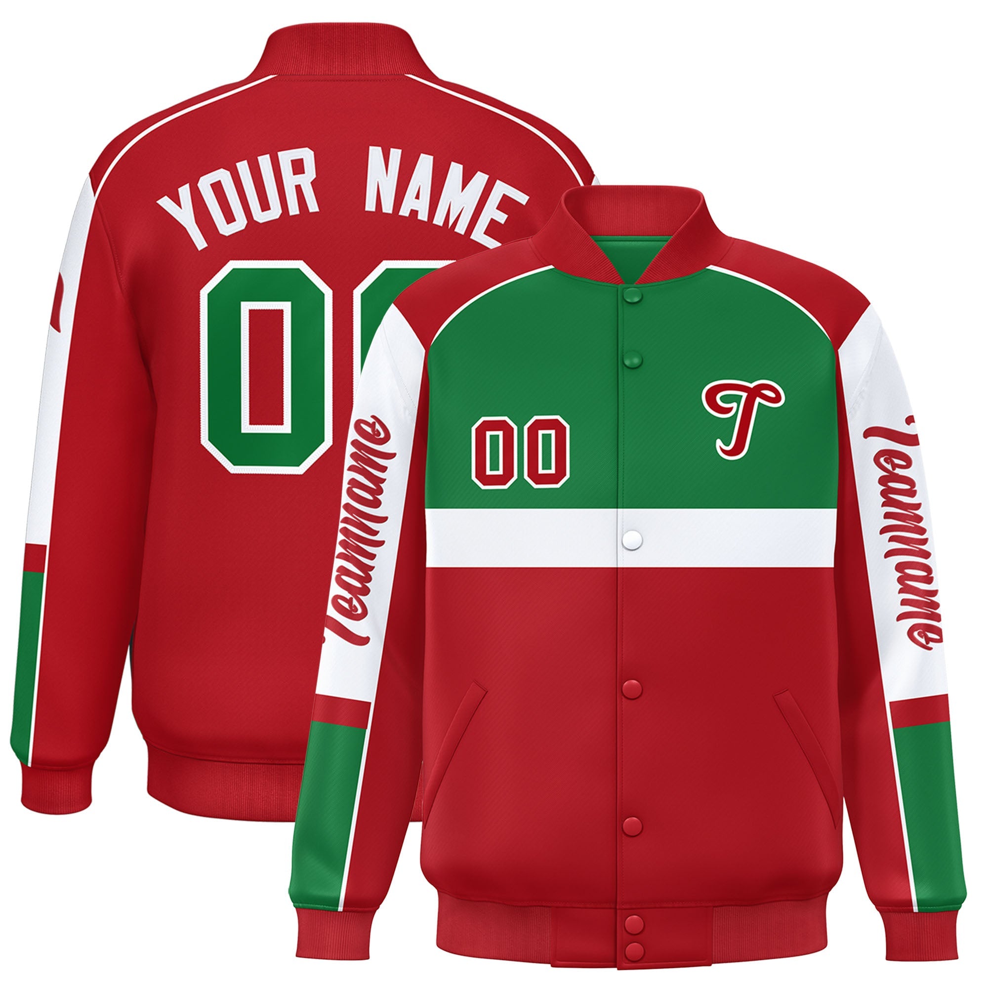 Custom Kelly Green Red Varsity Full-Snap Raglan Sleeves Letterman Jacket