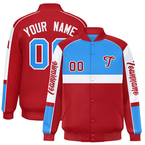 Custom Powder Blue Red Varsity Full-Snap Raglan Sleeves Letterman Jacket