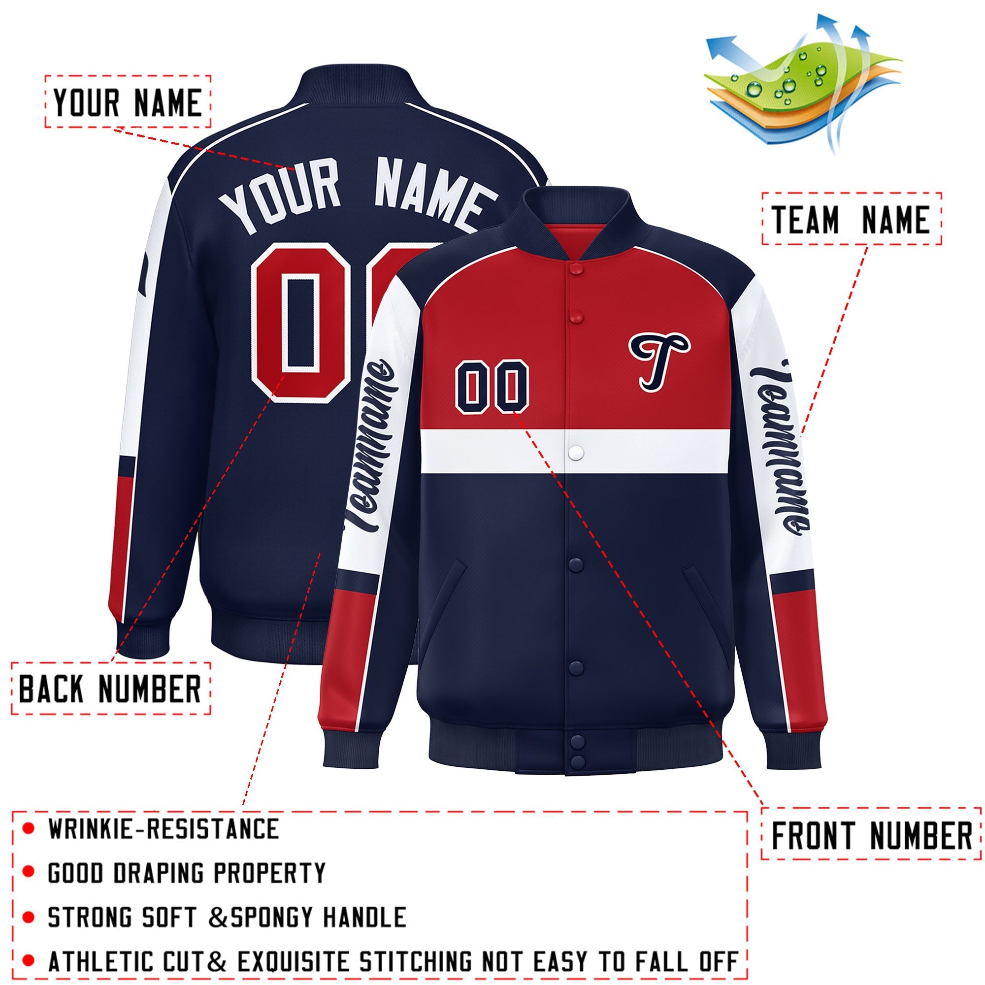 Custom Red Navy Varsity Full-Snap Raglan Sleeves Letterman Jacket