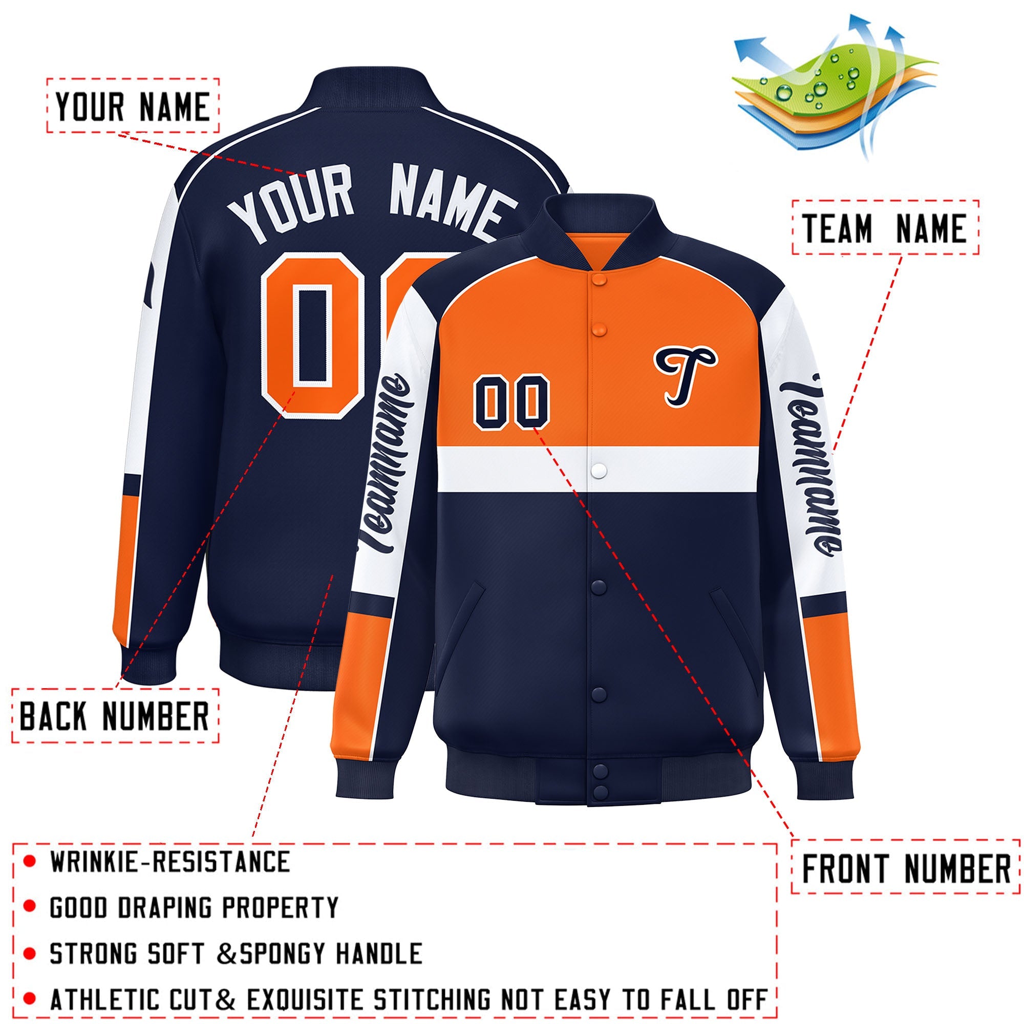 Custom Orange Navy Varsity Full-Snap Raglan Sleeves Letterman Jacket