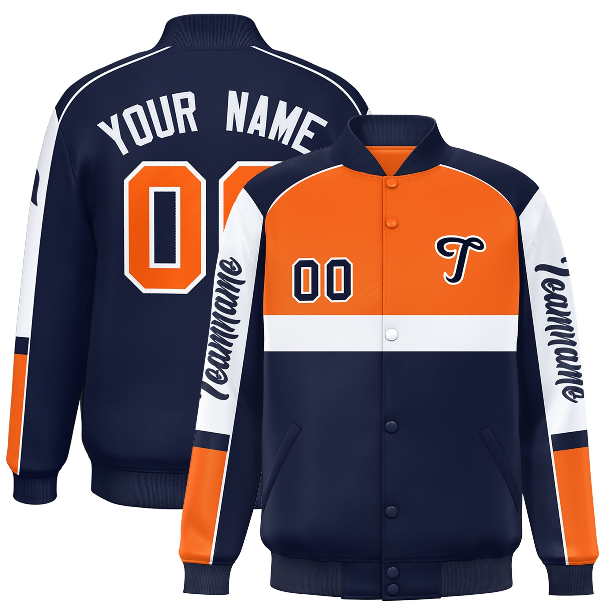 Custom Orange Navy Varsity Full-Snap Raglan Sleeves Letterman Jacket