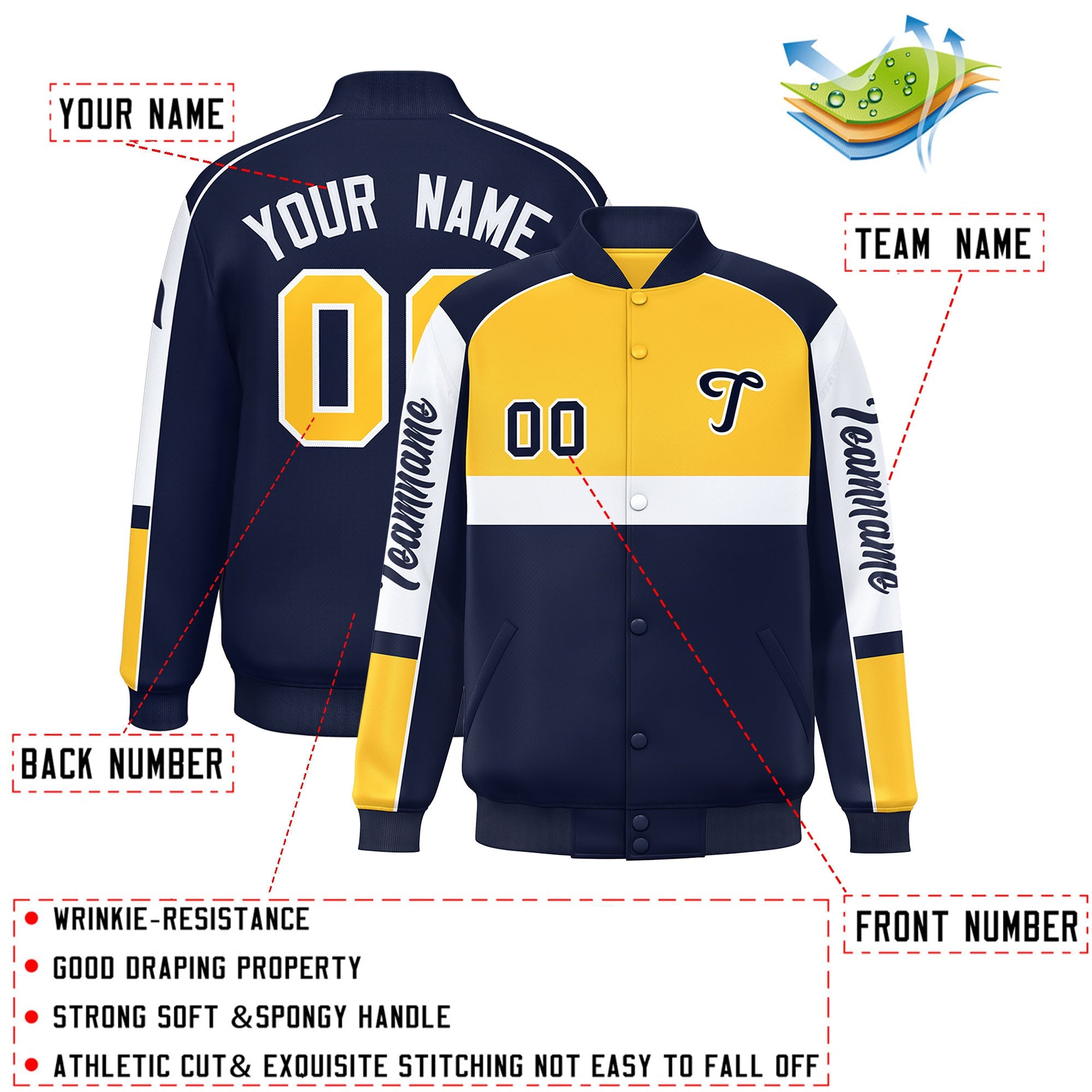 Custom Yellow Navy Varsity Full-Snap Raglan Sleeves Letterman Jacket