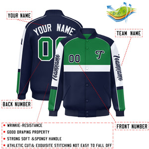 Custom Kelly Green Navy Varsity Full-Snap Raglan Sleeves Letterman Jacket