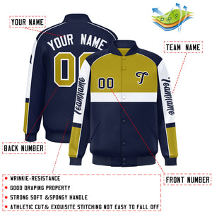 Custom Old Gold Navy Varsity Full-Snap Raglan Sleeves Letterman Jacket