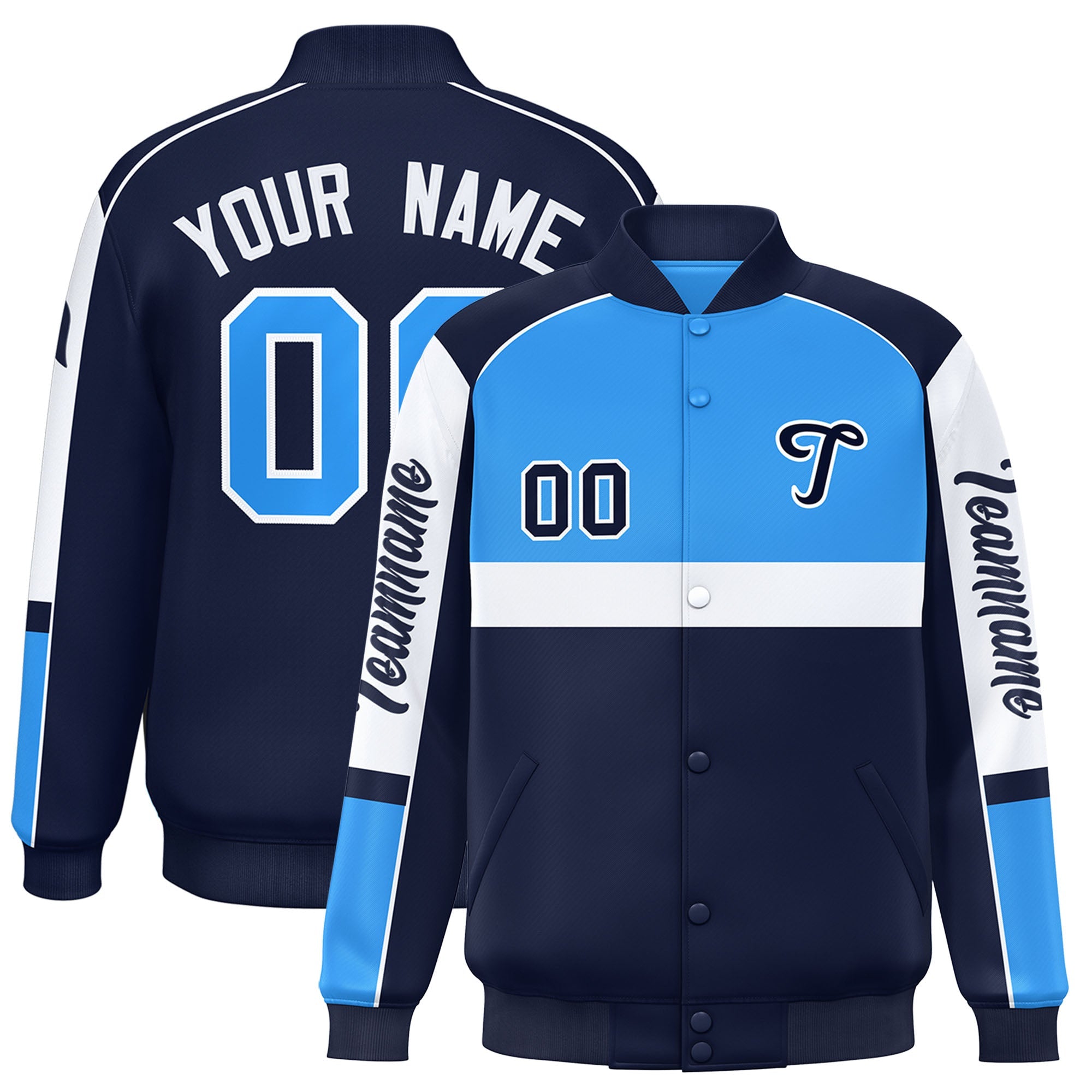 Custom Powder Blue Navy Varsity Full-Snap Raglan Sleeves Letterman Jacket