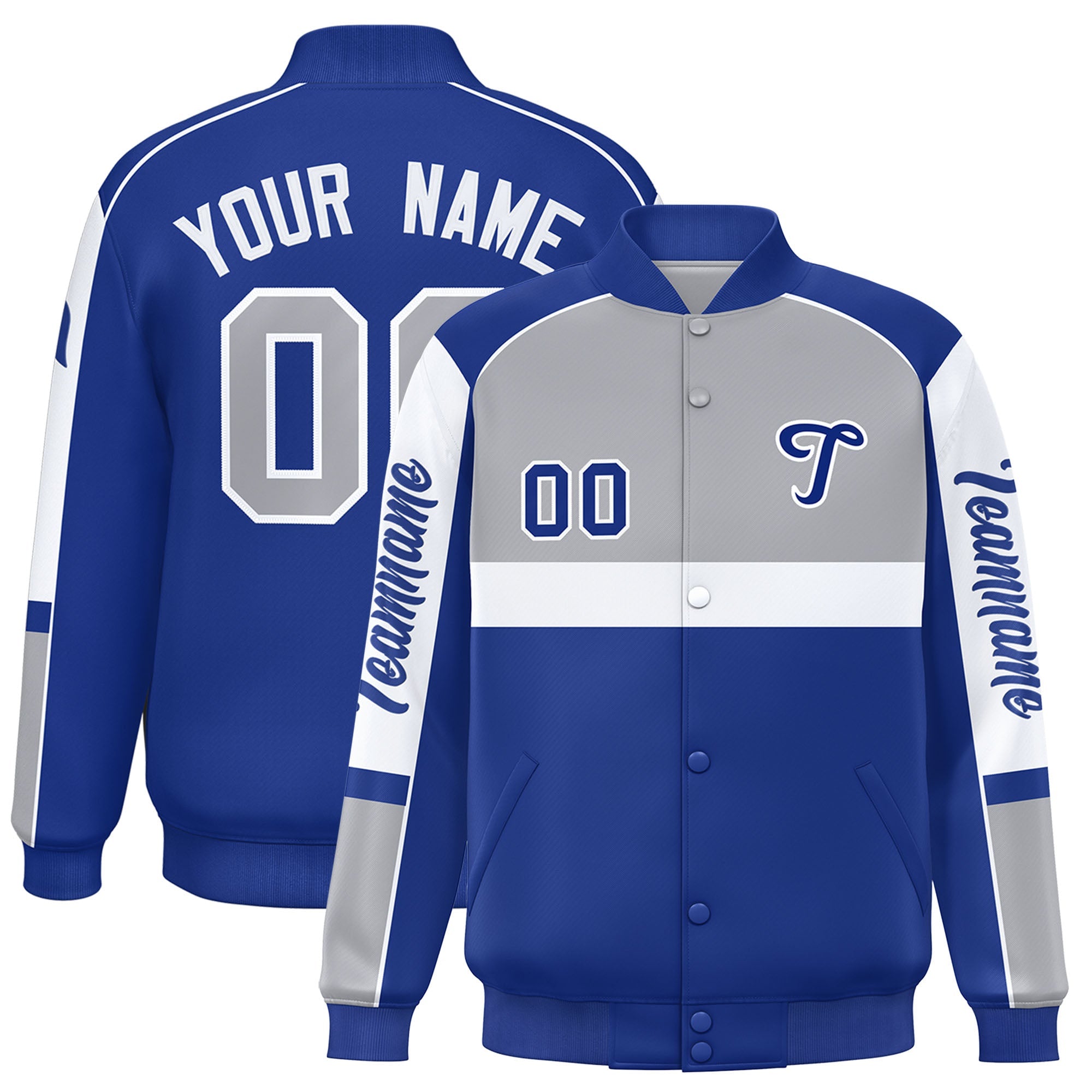 Custom Gray Royal Varsity Full-Snap Raglan Sleeves Letterman Jacket