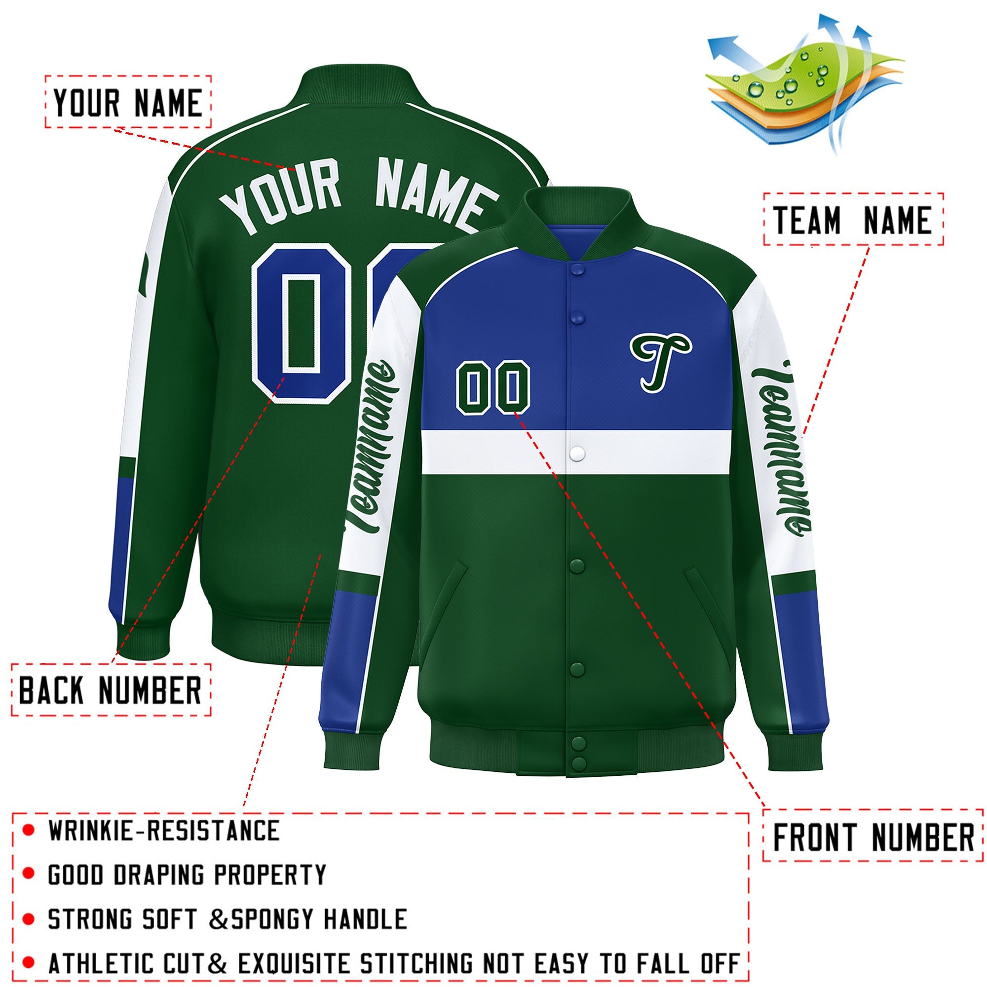 Custom Royal Green Varsity Full-Snap Raglan Sleeves Letterman Jacket