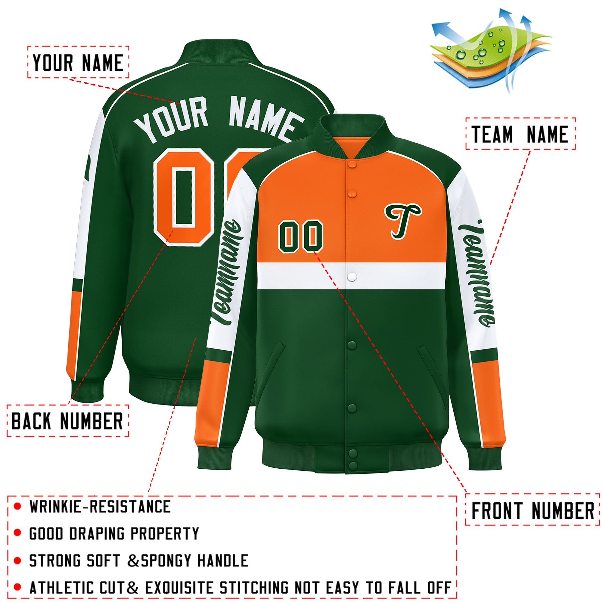 Custom Orange Green Varsity Full-Snap Raglan Sleeves Letterman Jacket